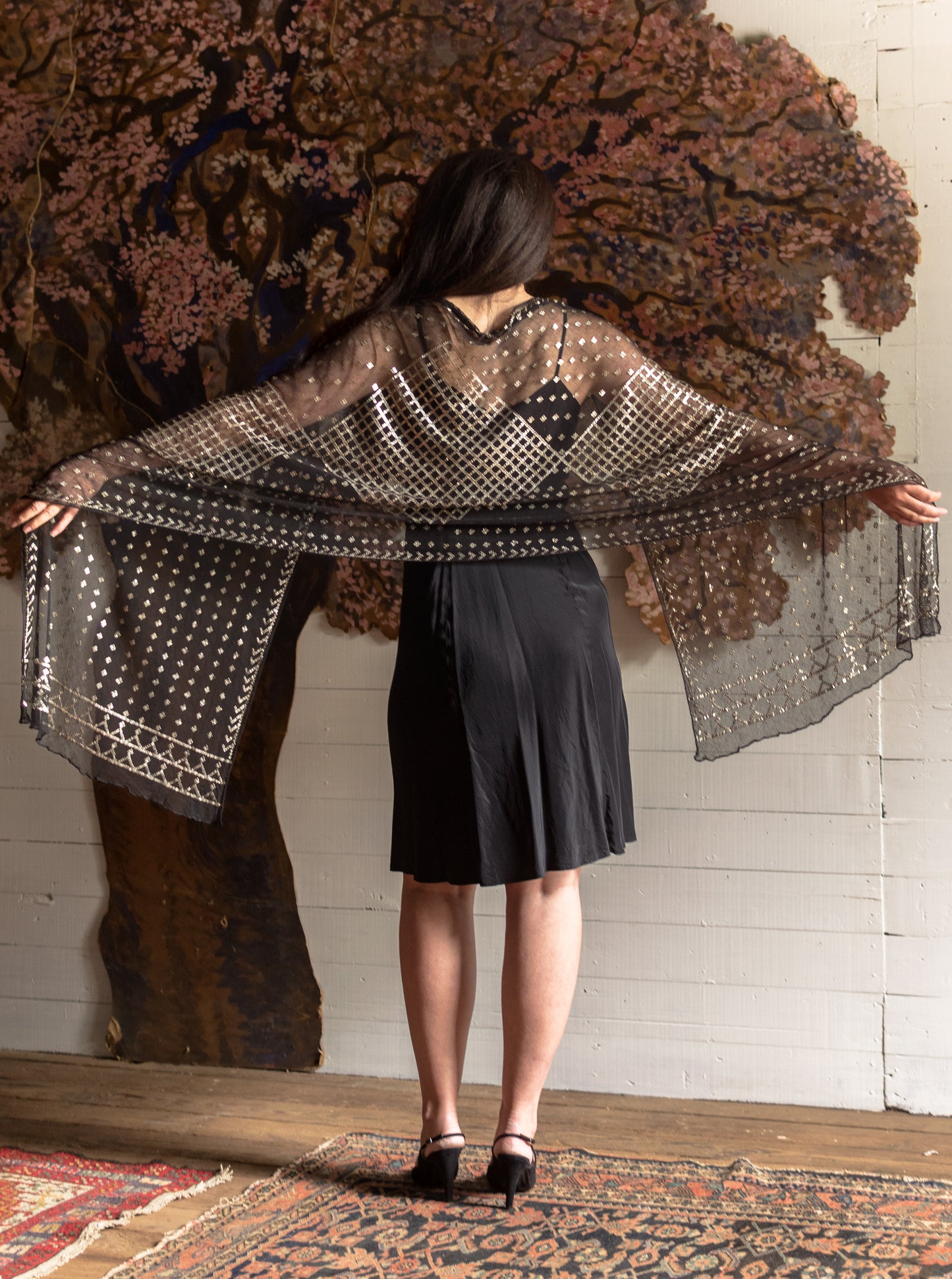 Antique 1920s Egyptian Black Assuit Shawl - 86 x 25 inches