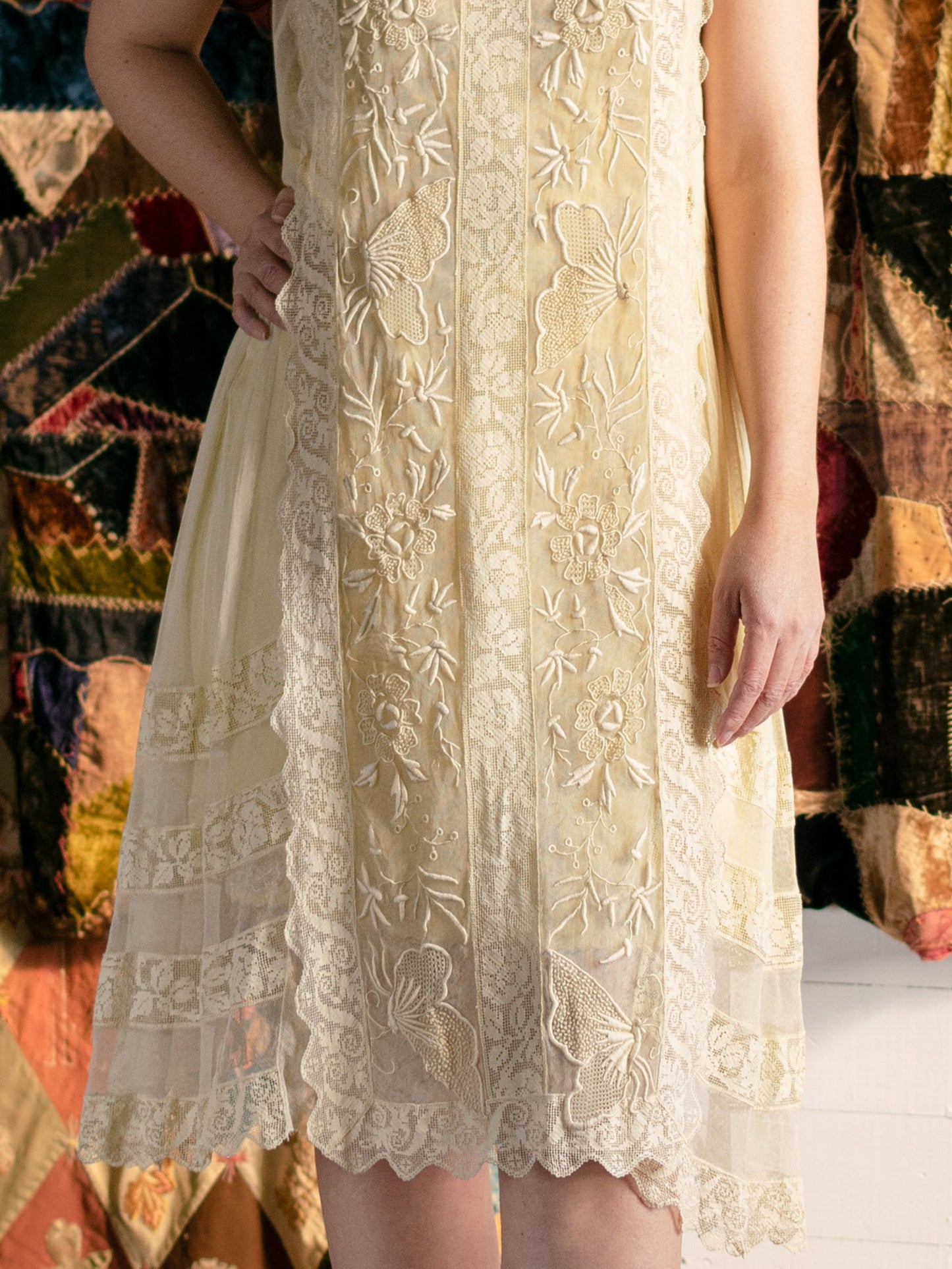 Antique 1920s Flawless Embroidered Net & Lace Butterfly Dress - Size XS S - Second Sight Vintage