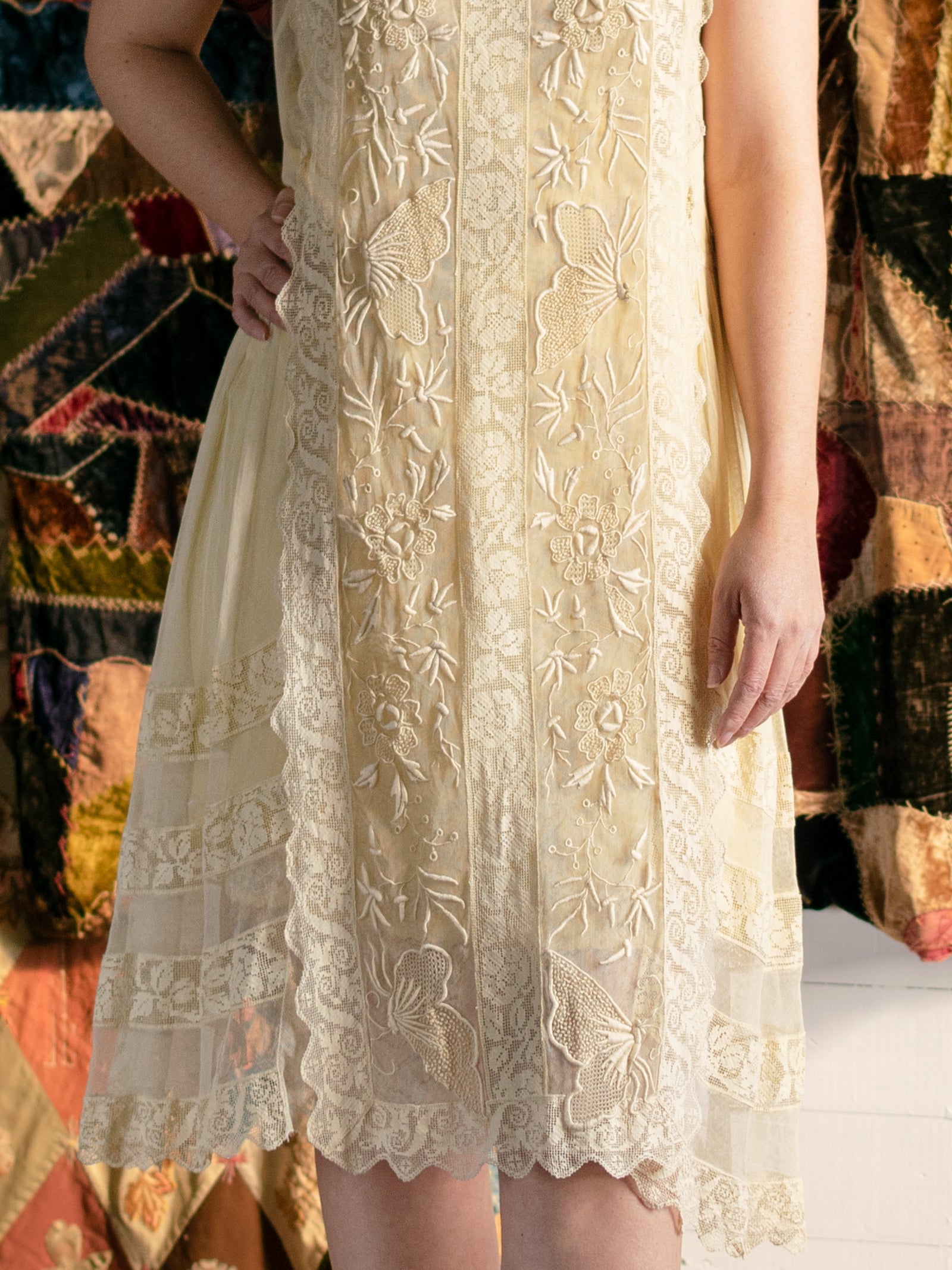 Antique 1920s Flawless Embroidered Net & Lace Butterfly Dress - Size XS S - Second Sight Vintage