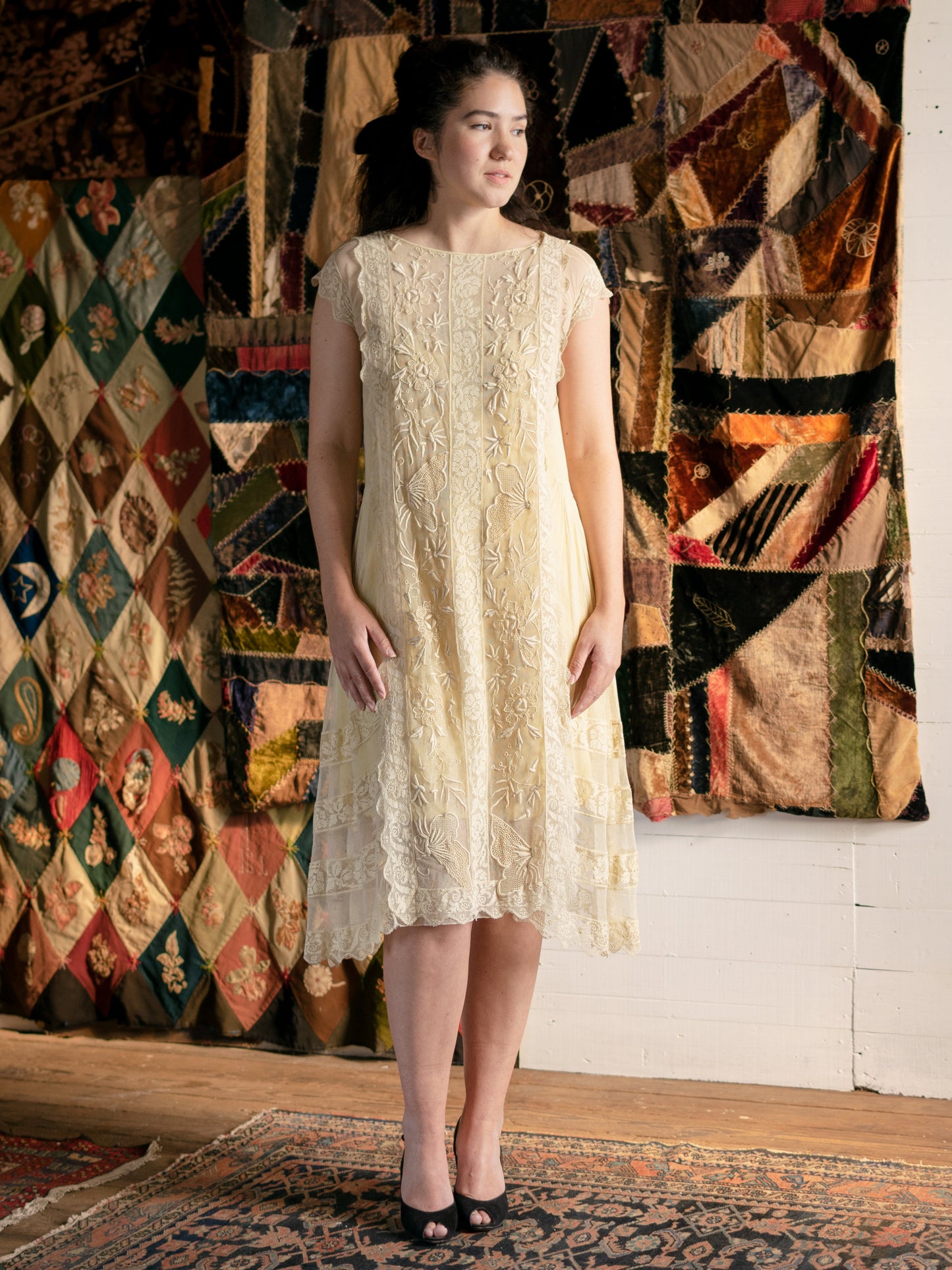 Antique 1920s Flawless Embroidered Net & Lace Butterfly Dress - Size XS S - Second Sight Vintage