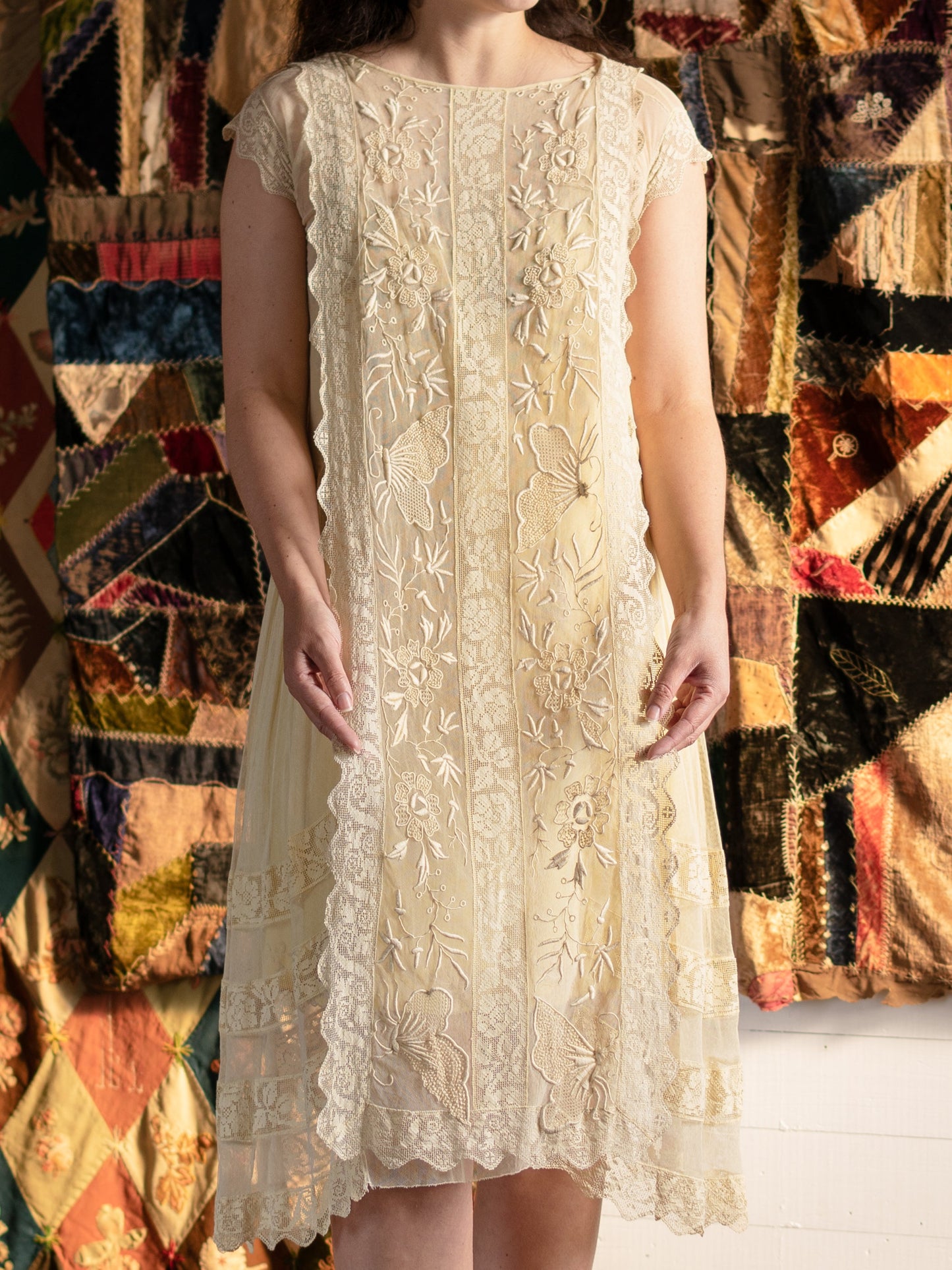 Antique 1920s Flawless Embroidered Net & Lace Butterfly Dress - Size XS S - Second Sight Vintage