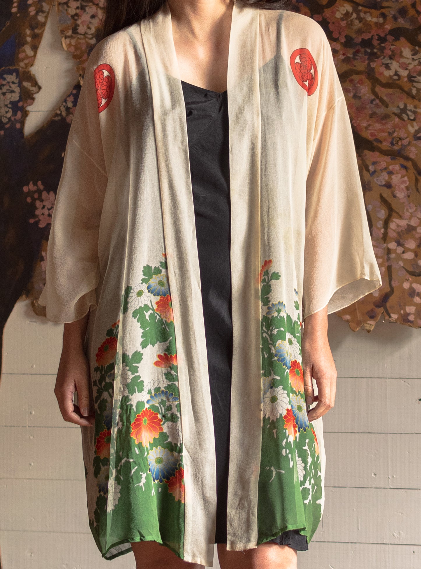 1920s Floral Silk Japanese Robe - Fits Most