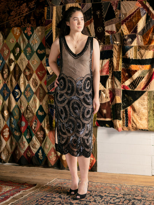 1920's Art Deco Beaded Sequin Black Tabard Dress - Size XS S M L - Second Sight Vintage