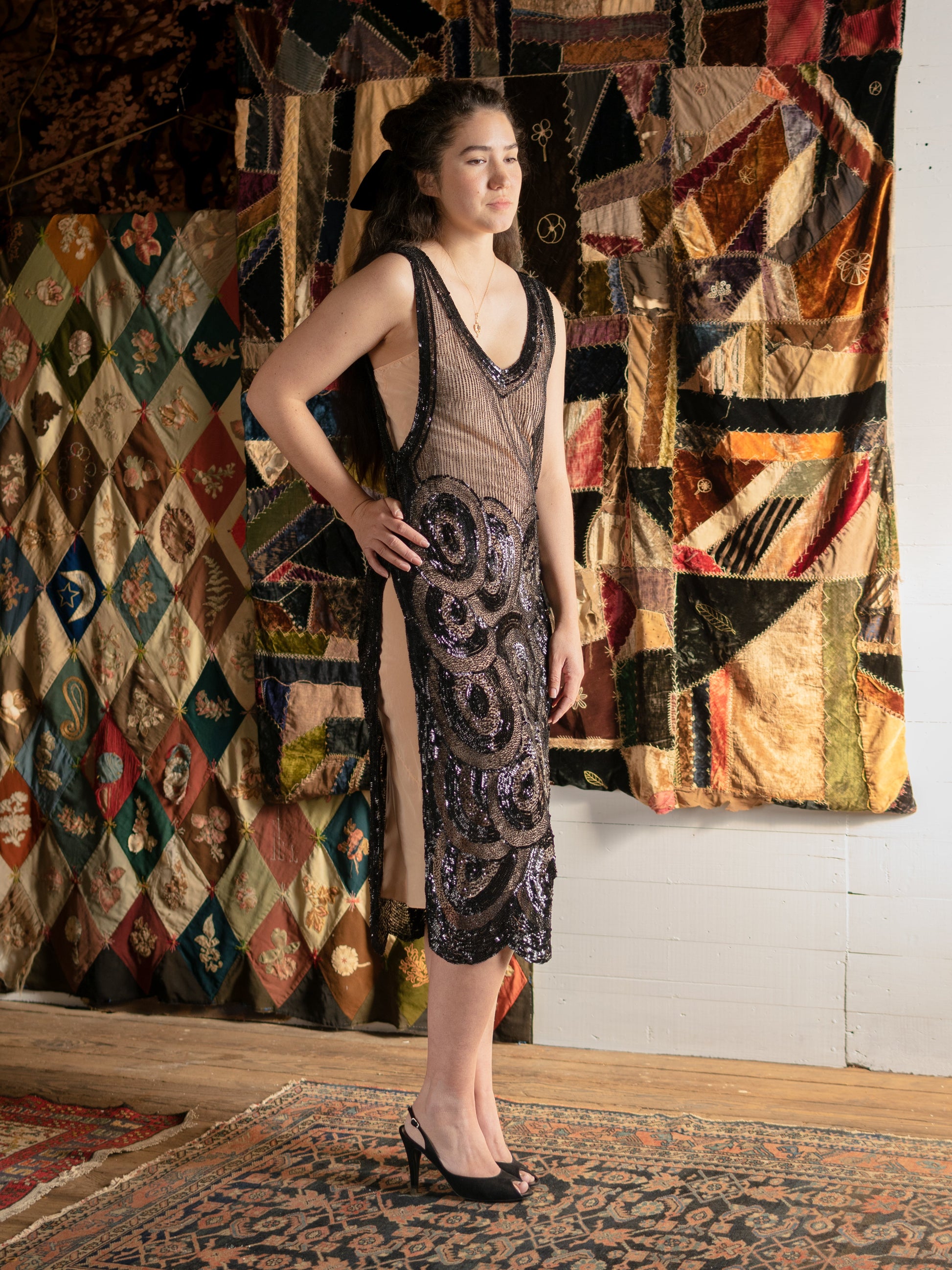 1920's Art Deco Beaded Sequin Black Tabard Dress - Size XS S M L Second Sight Vintage 1920's Art Deco Beaded Sequin Black Tabard Dress - Size XS S M L Second Sight Vintage