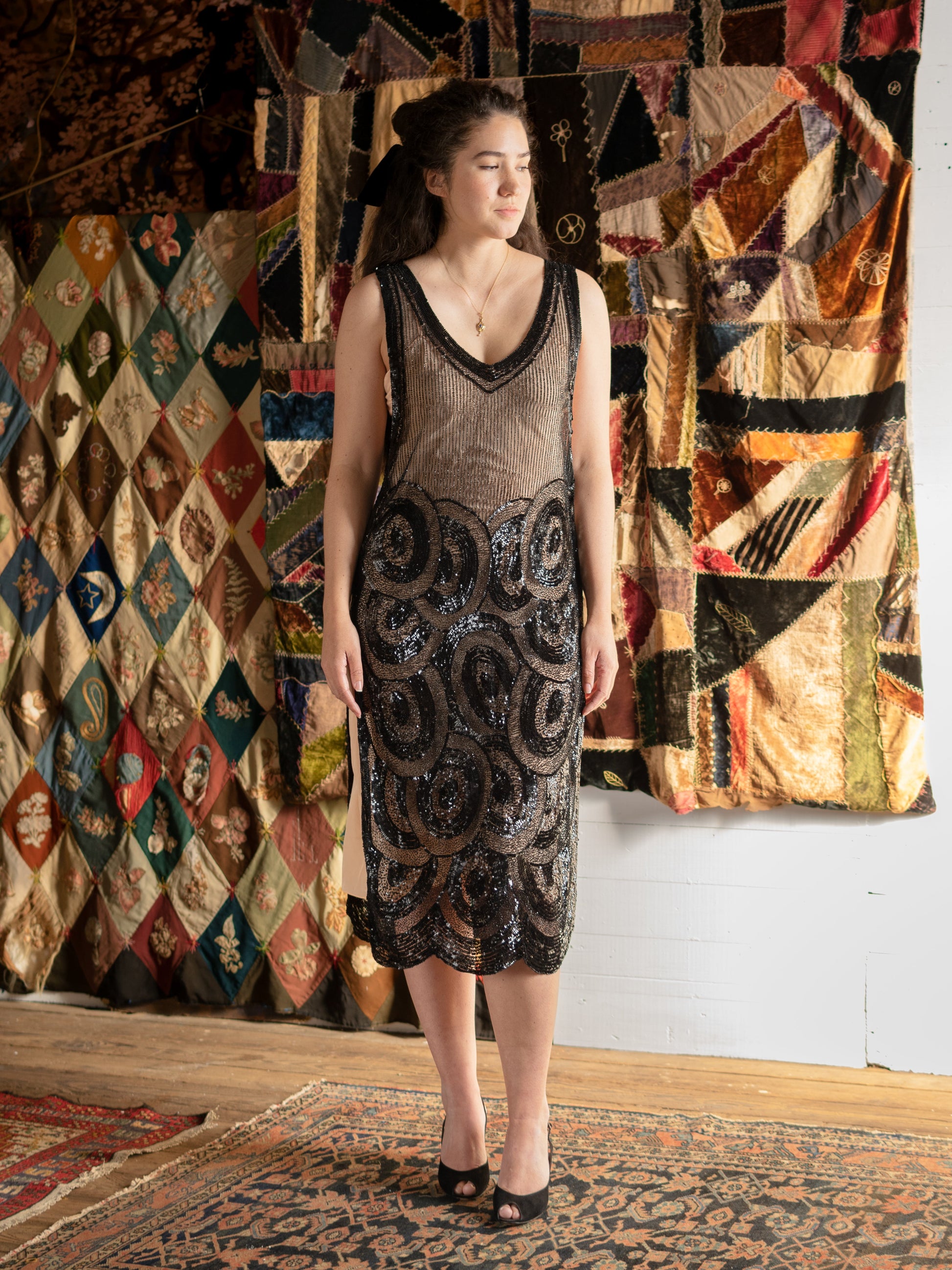 1920's Art Deco Beaded Sequin Black Tabard Dress - Size XS S M L Second Sight Vintage 1920's Art Deco Beaded Sequin Black Tabard Dress - Size XS S M L Second Sight Vintage