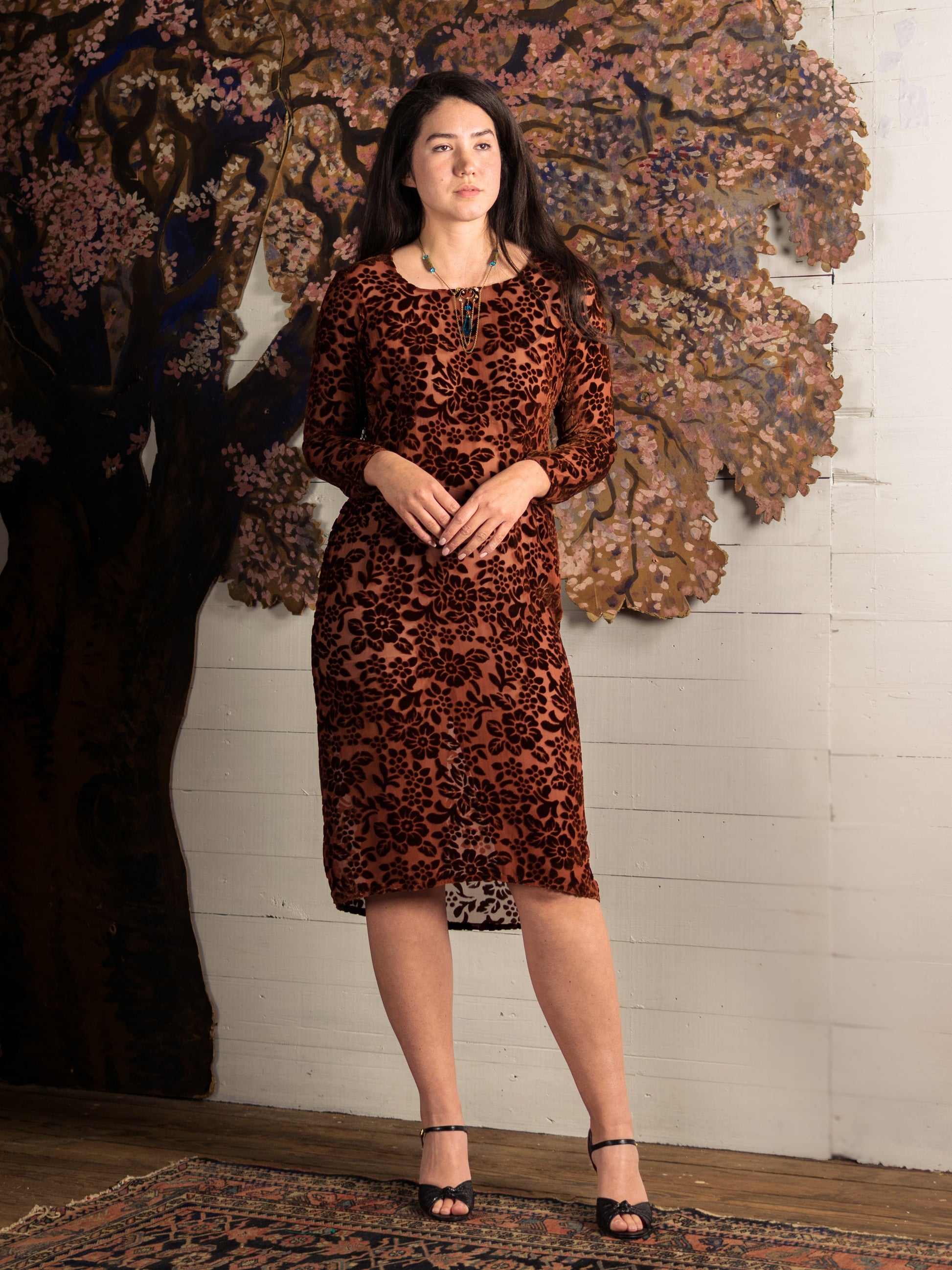 1920's Burnt Orange Devoré Silk Velvet Dress - Size S M - Second Sight Vintage