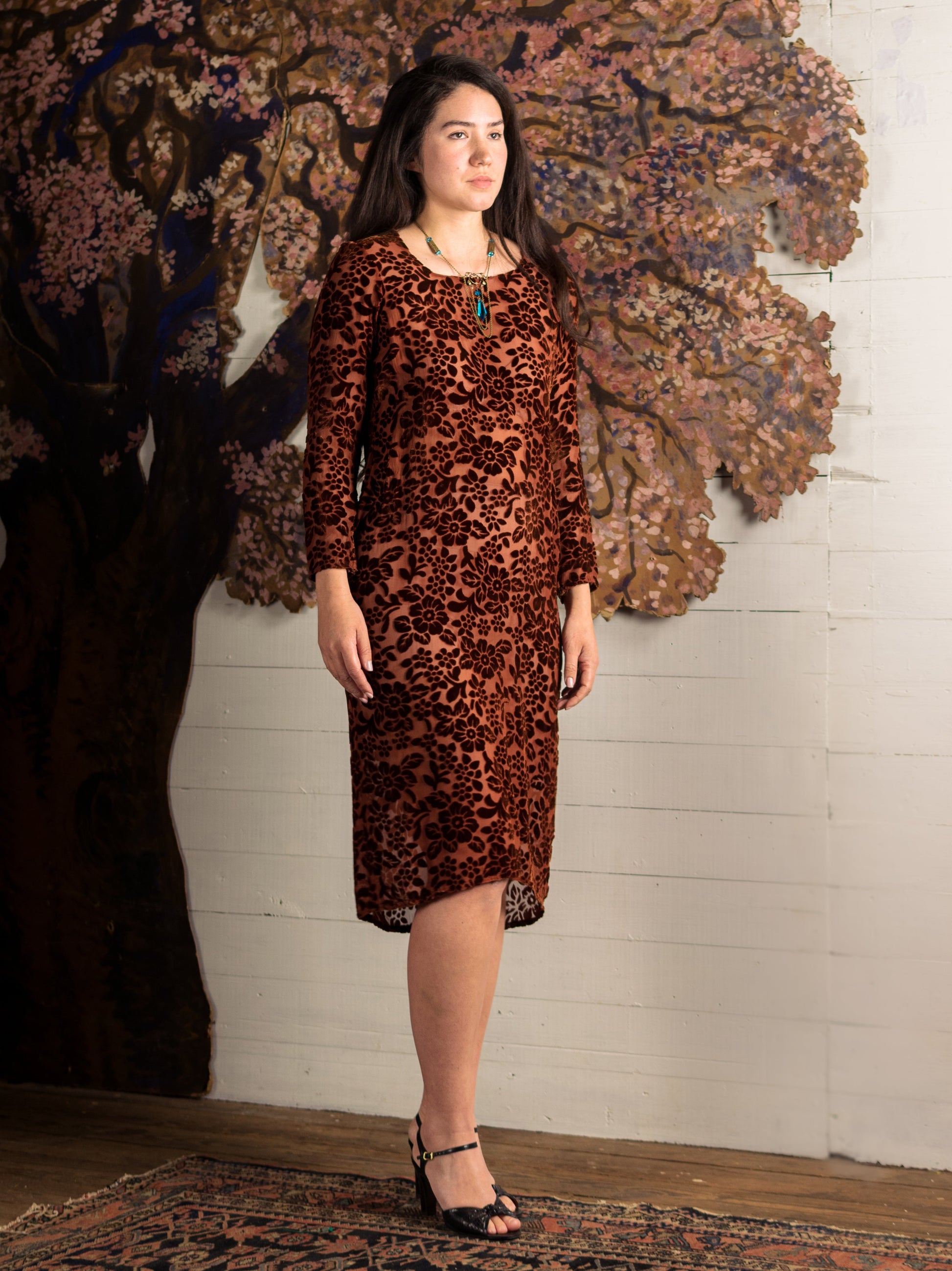 1920's Burnt Orange Devoré Silk Velvet Dress - Size S M - Second Sight Vintage