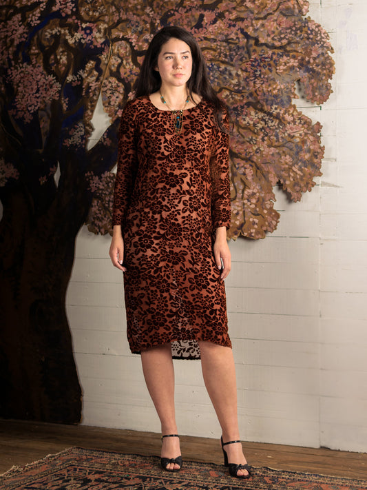 1920's Burnt Orange Devoré Silk Velvet Dress - Size S M - Second Sight Vintage