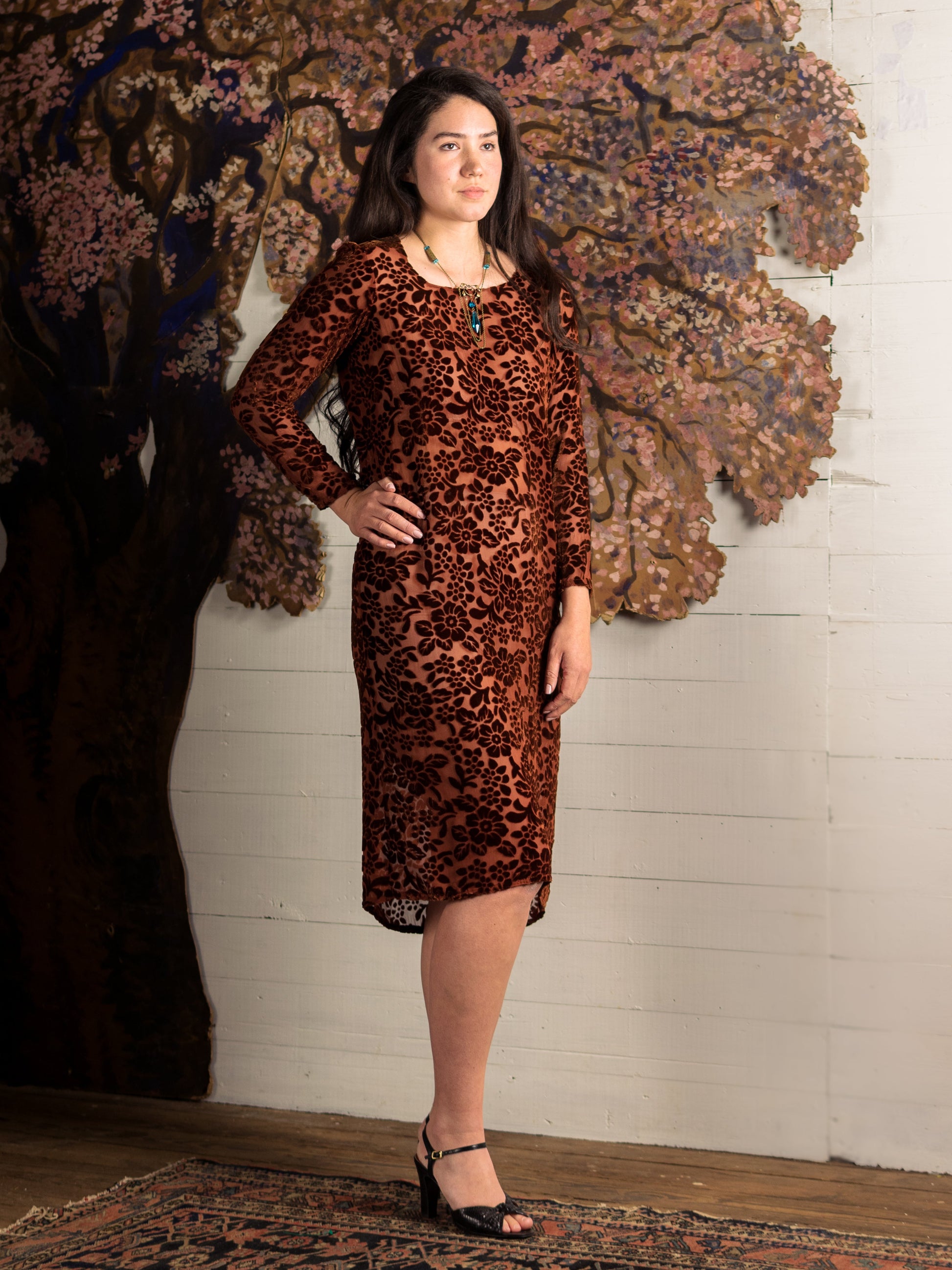 1920's Burnt Orange Devoré Silk Velvet Dress - Size S M - Second Sight Vintage