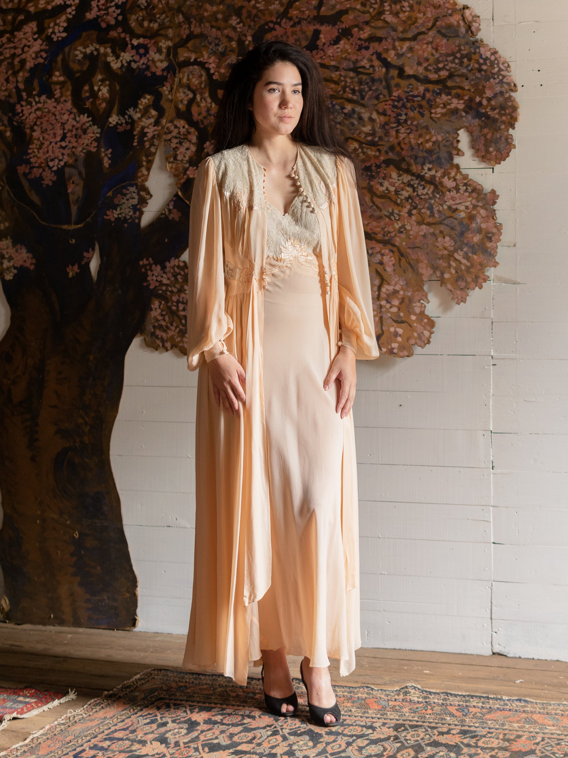 1930s Flawless Silk Nightgown & Peignoir Robe Set - Size S - Second Sight Vintage