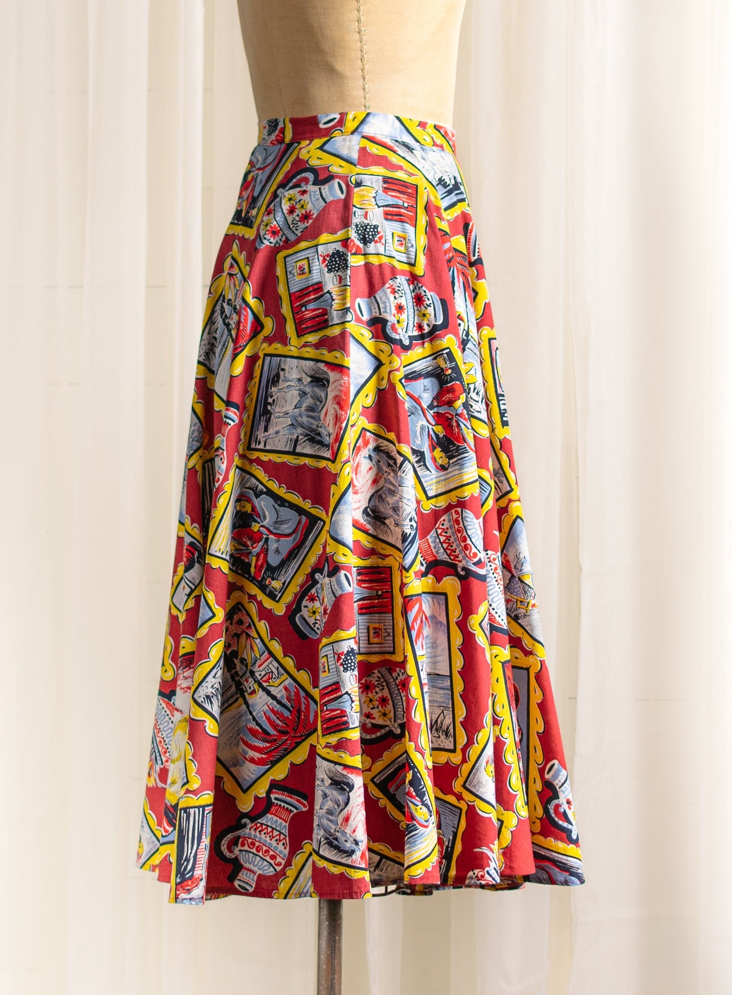 1950's Art Gallery Painting Print Cotton Circle Skirt - Size XS - Second Sight Vintage