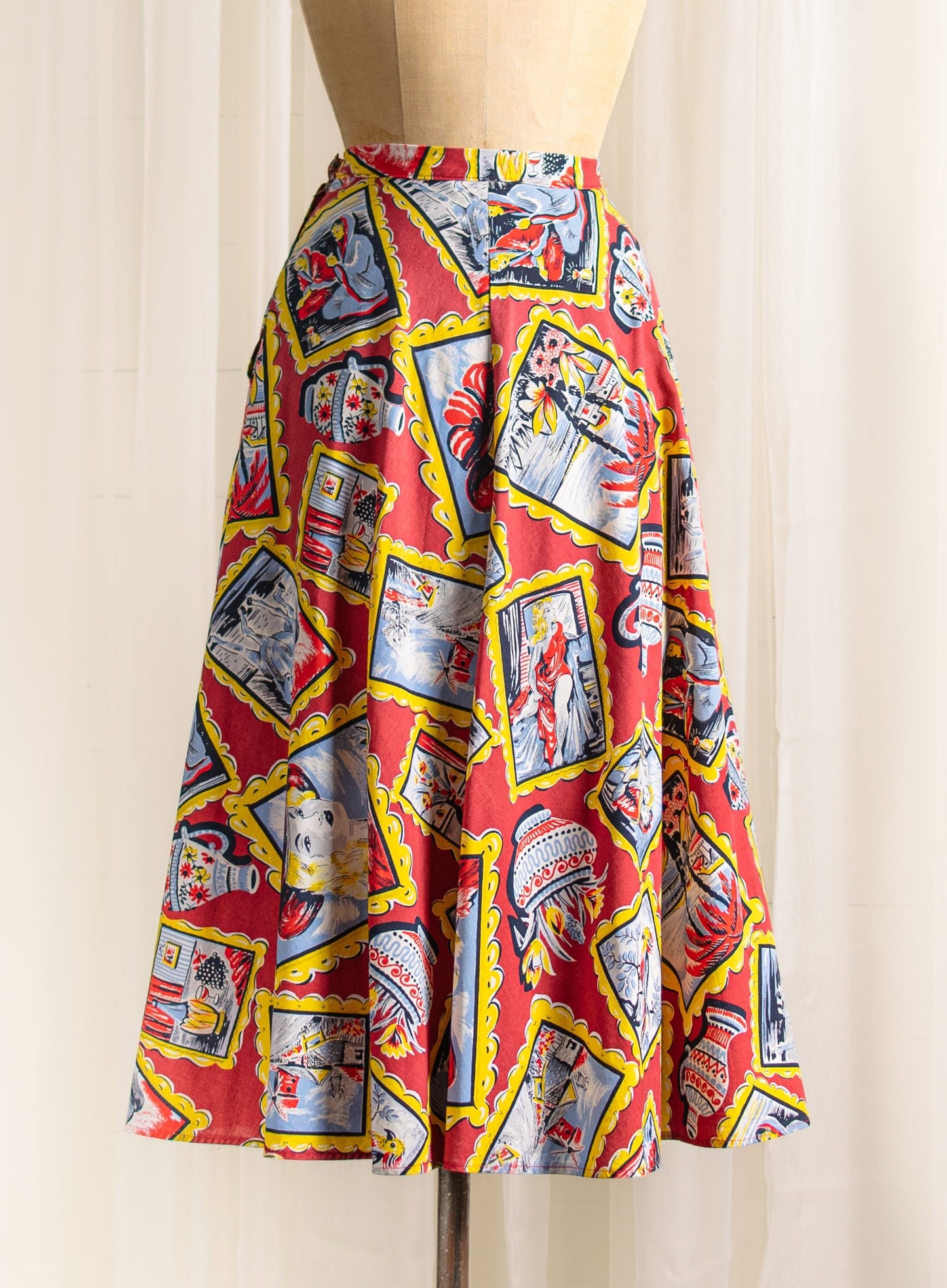 1950's Art Gallery Painting Print Cotton Circle Skirt - Size XS - Second Sight Vintage