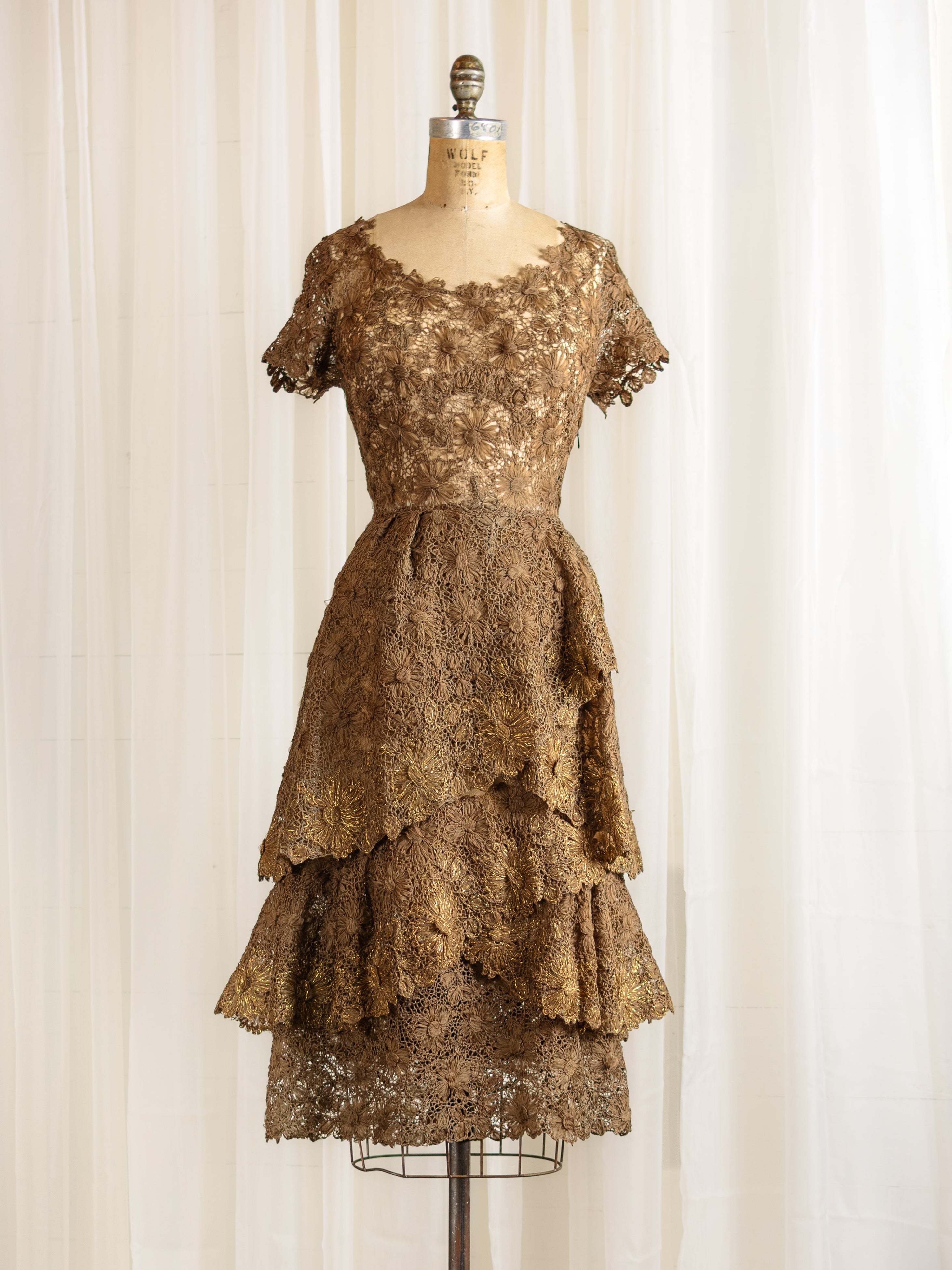 Vintage 1950's Ribbonwork Silk Crocheted Lace Brown & Gold Dress