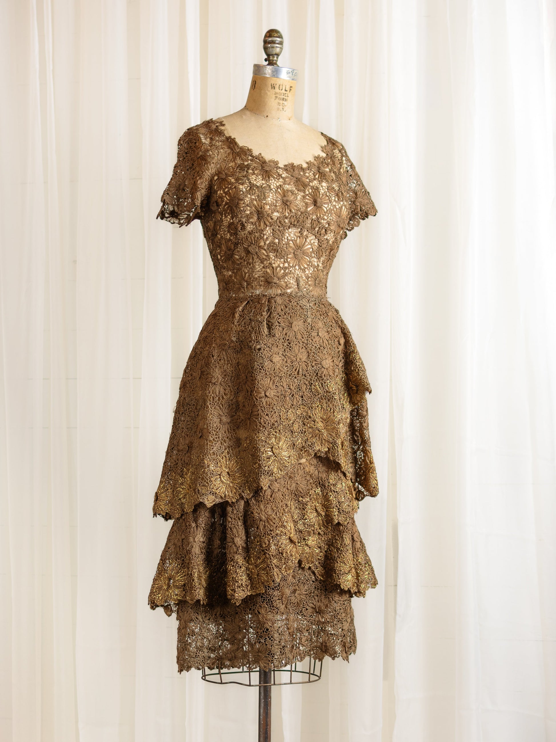 slim fit dress slacks Vintage 1950's Ribbonwork Silk Crocheted Lace Brown & Gold Dress – Second  Sight Vintage