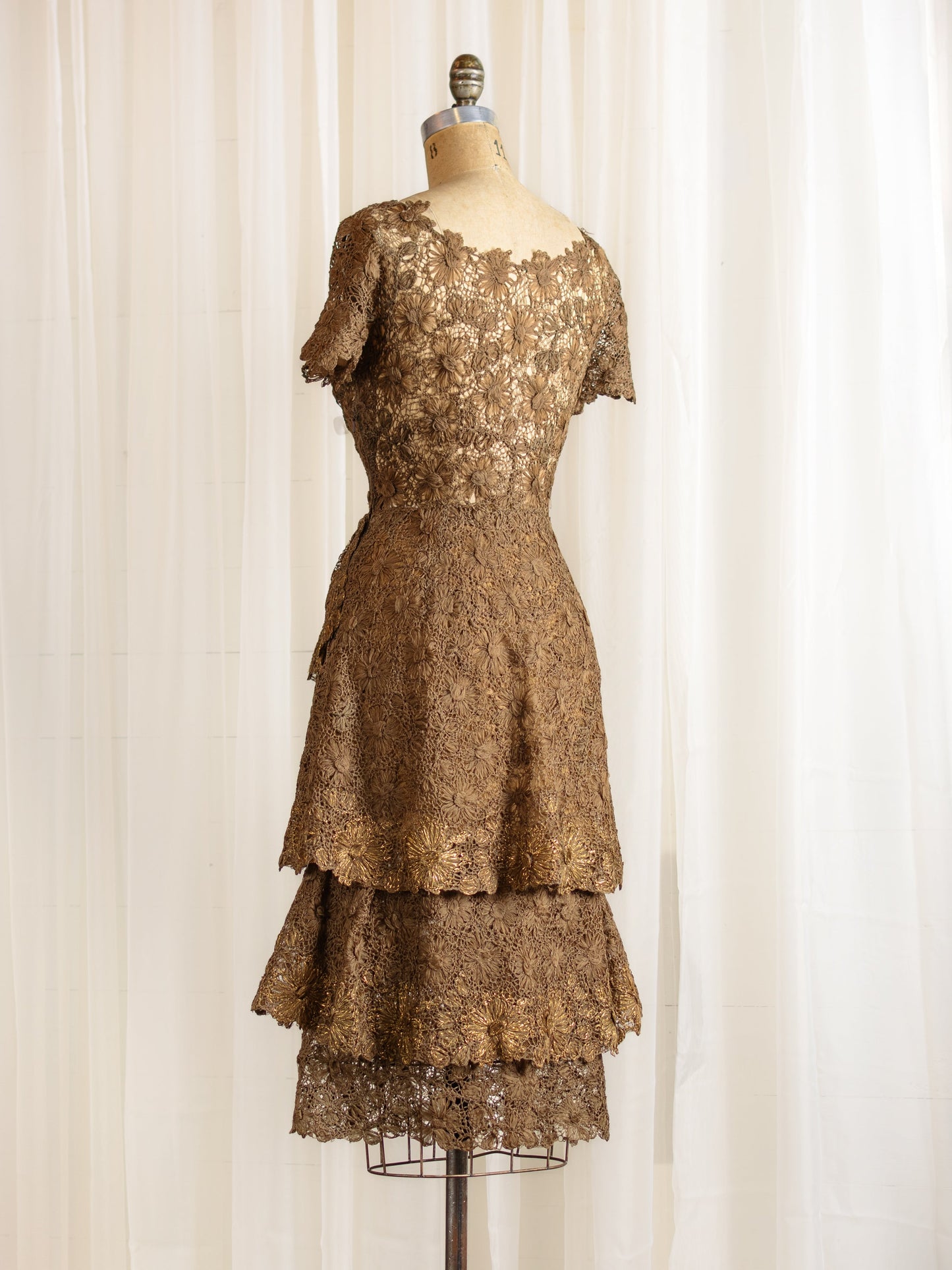 1950's Ribbonwork Silk Crocheted Lace Brown & Gold Dress - Size S M - Second Sight Vintage