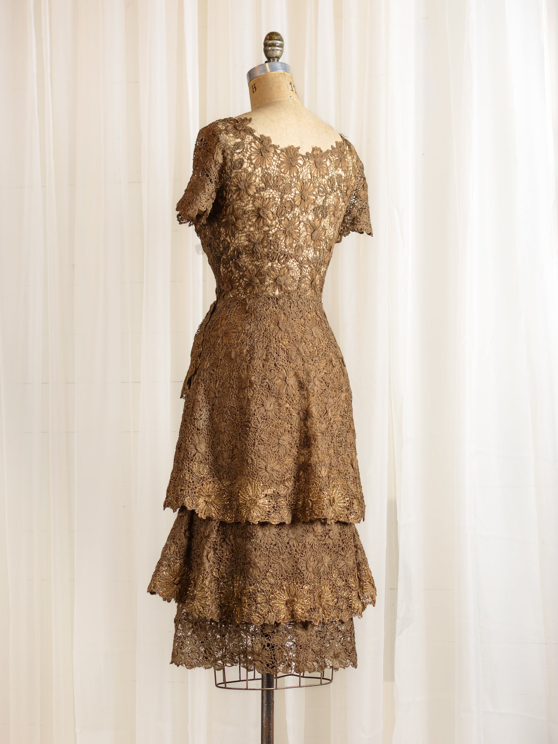 1950's Ribbonwork Silk Crocheted Lace Brown & Gold Dress - Size S M - Second Sight Vintage