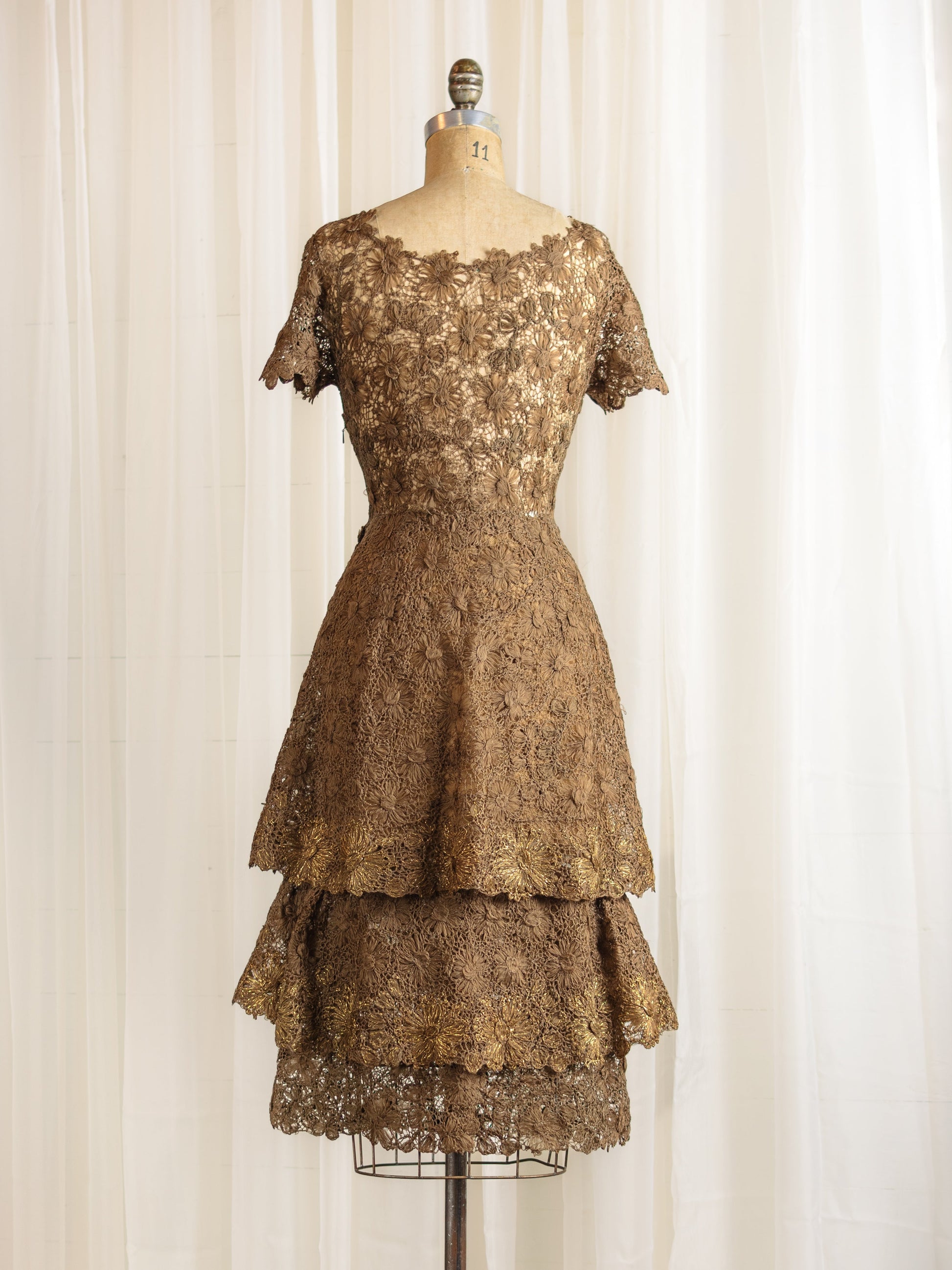 Vintage 1950's Ribbonwork Silk Crocheted Lace Brown & Gold Dress Second Sight Vintage Vintage 1950's Ribbonwork Silk Crocheted Lace Brown & Gold Dress Second Sight Vintage