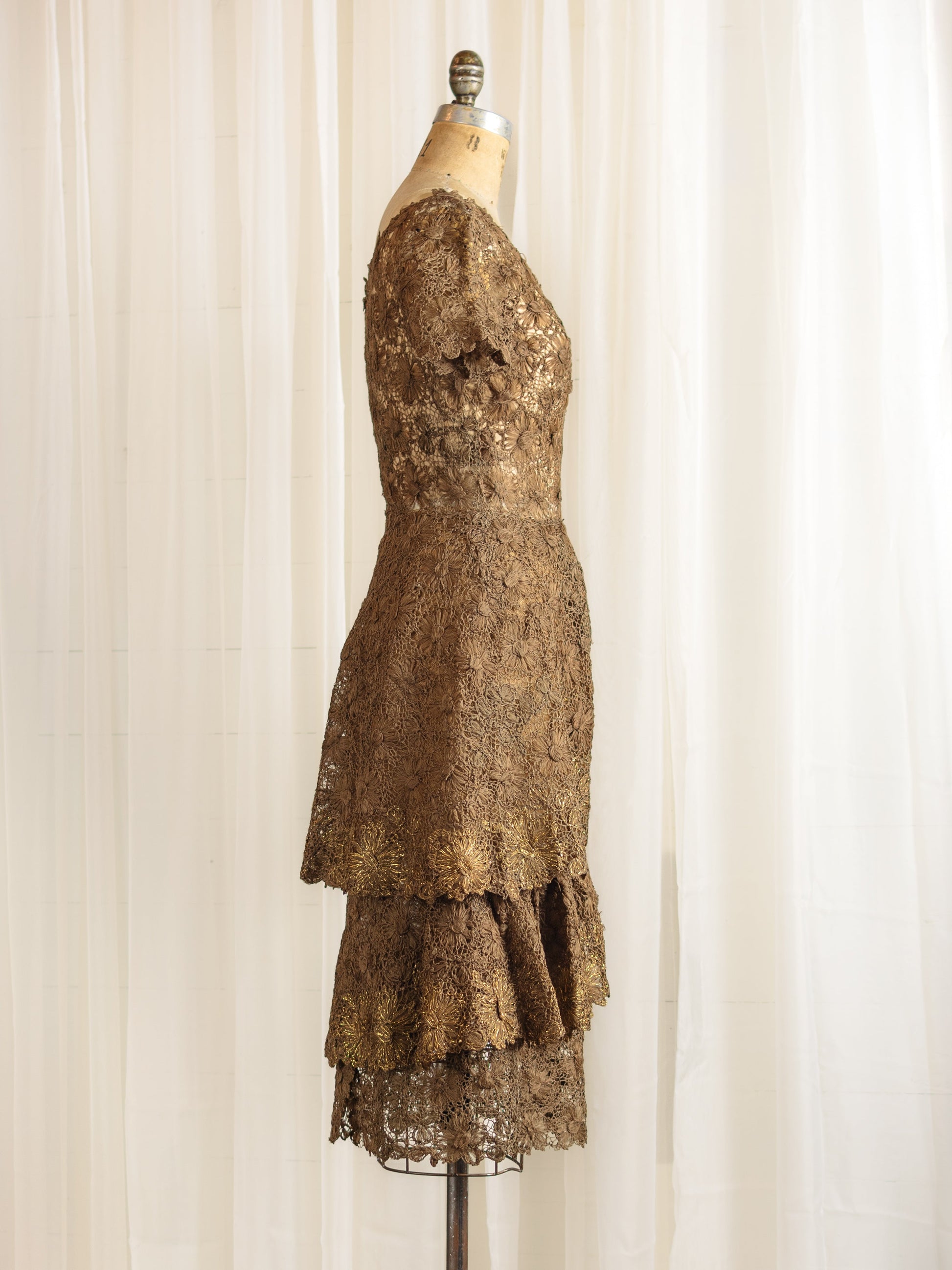 1950's Ribbonwork Silk Crocheted Lace Brown & Gold Dress - Size S M - Second Sight Vintage