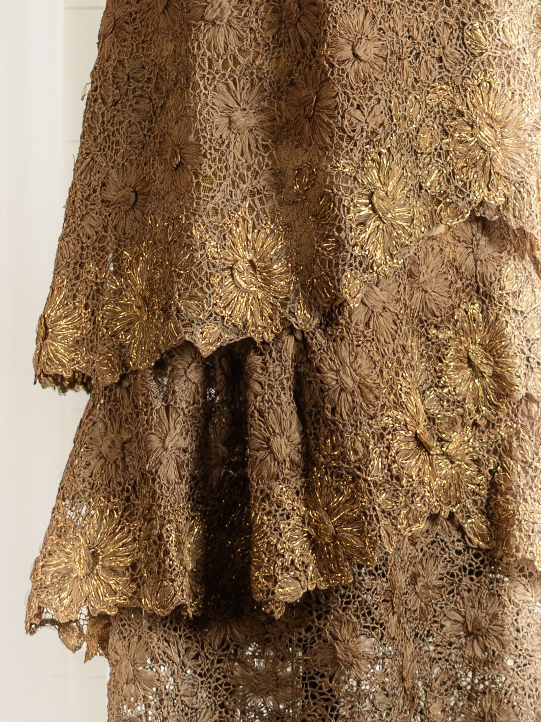 1950's Ribbonwork Silk Crocheted Lace Brown & Gold Dress - Size S M - Second Sight Vintage