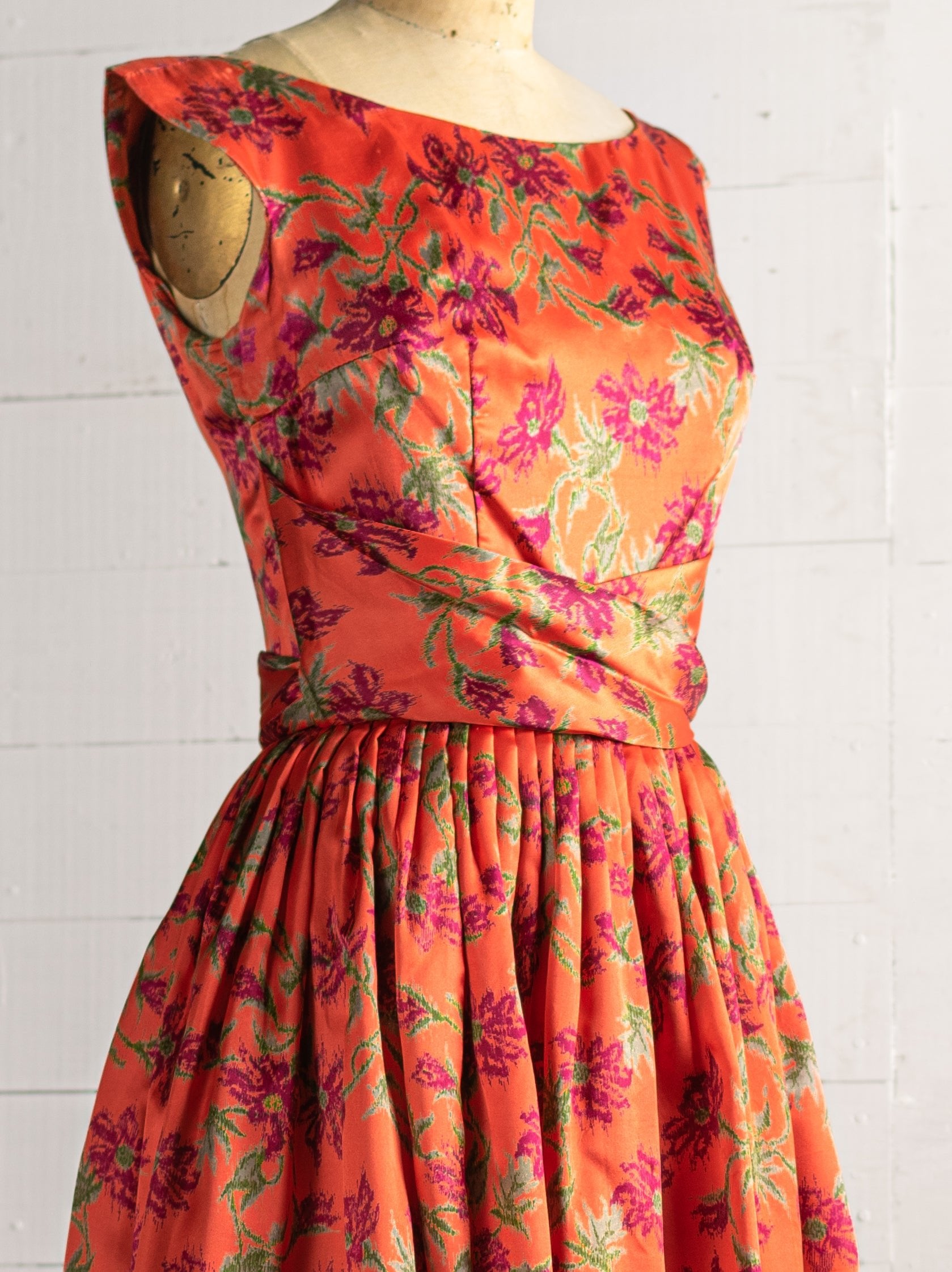 1950s Silk Charmeuse Floral Orange & Purple Dress - Size XS - Second Sight Vintage