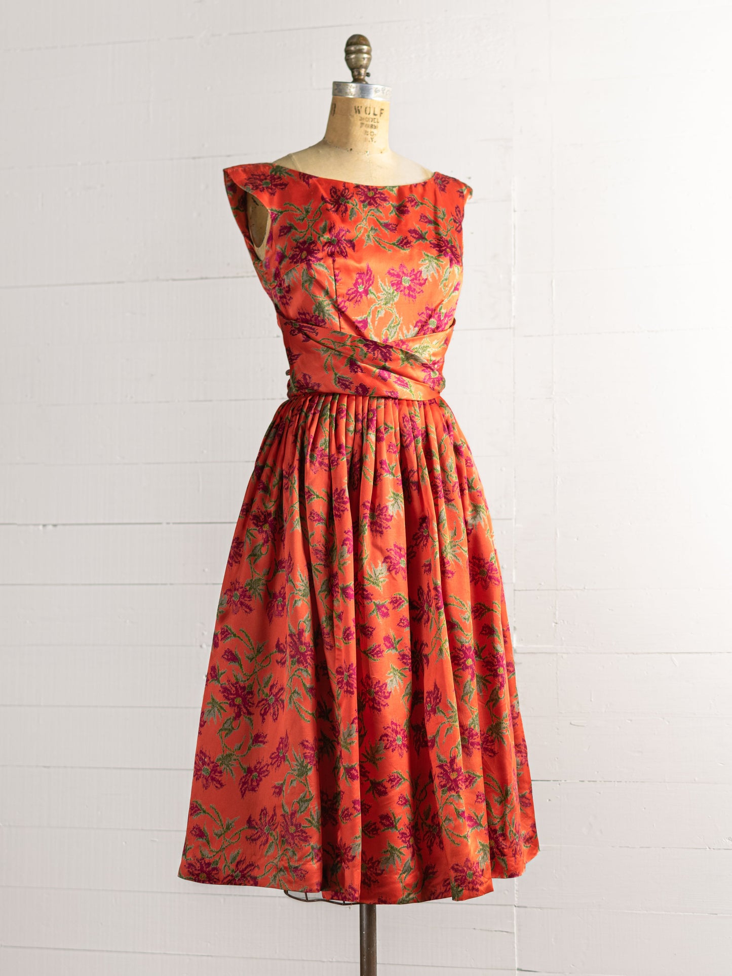 1950s Silk Charmeuse Floral Orange & Purple Dress - Size XS - Second Sight Vintage