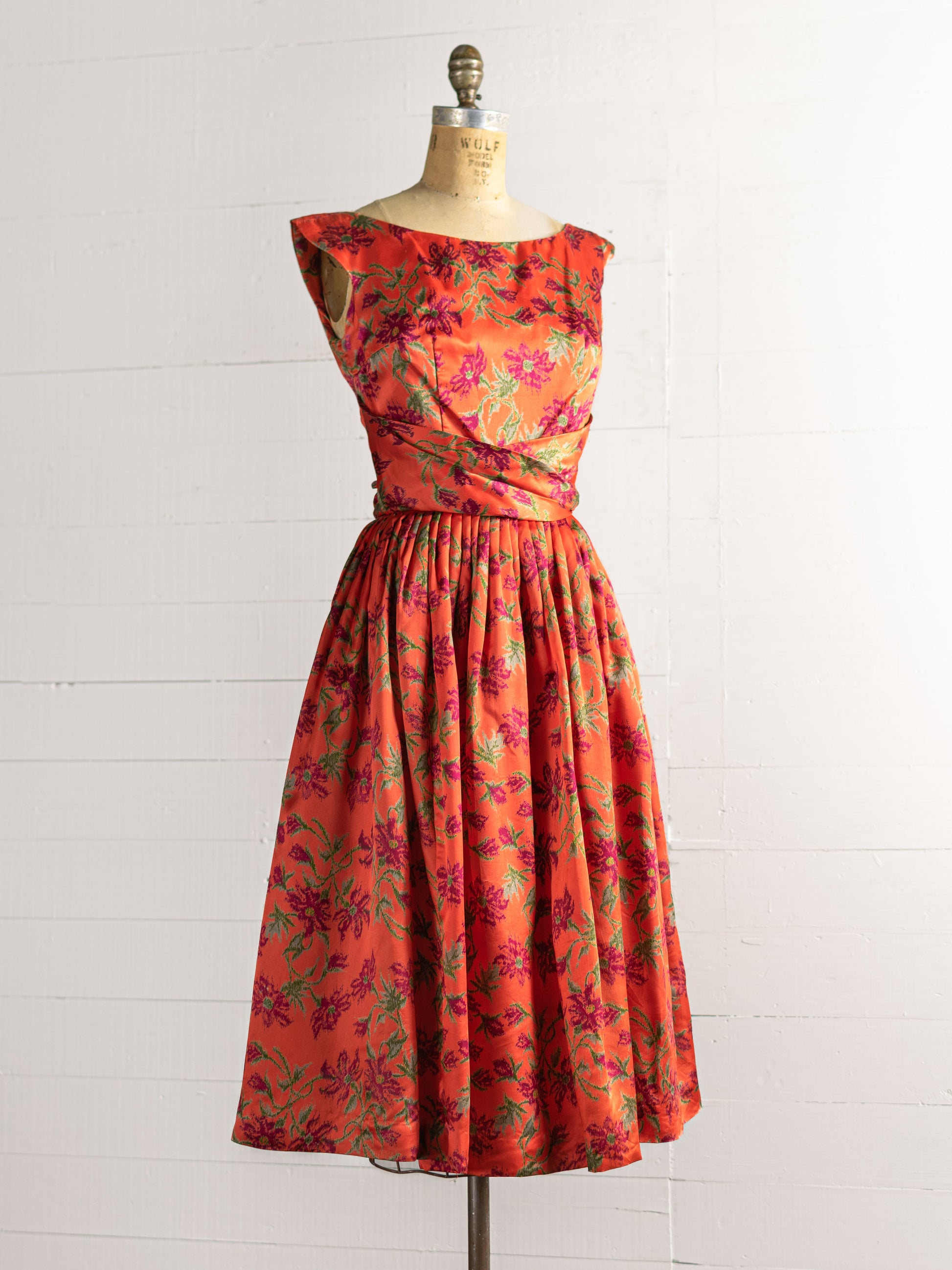 1950s Silk Charmeuse Floral Orange & Purple Dress - Size XS - Second Sight Vintage