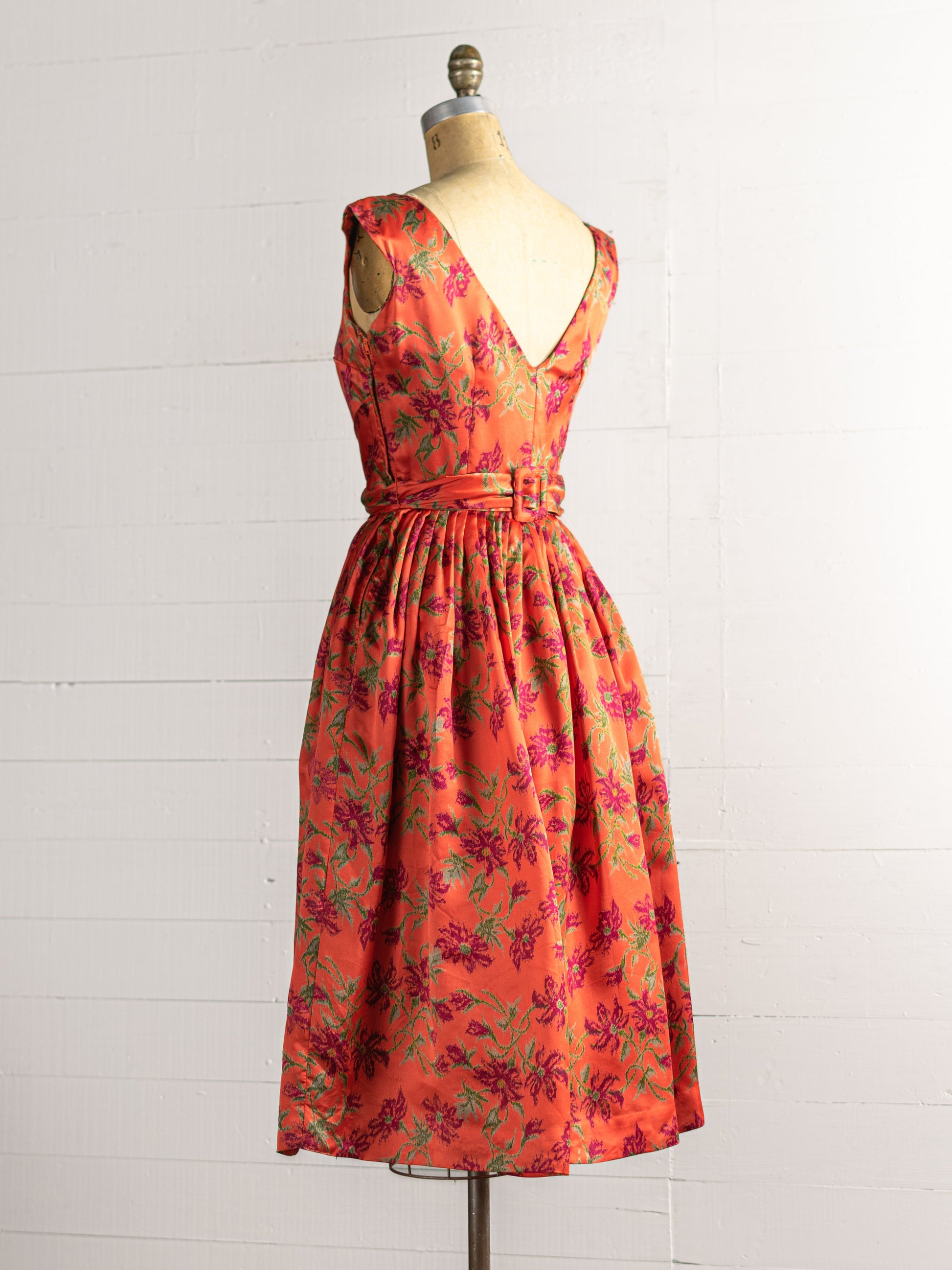 1950s Silk Charmeuse Floral Orange & Purple Dress - Size XS - Second Sight Vintage