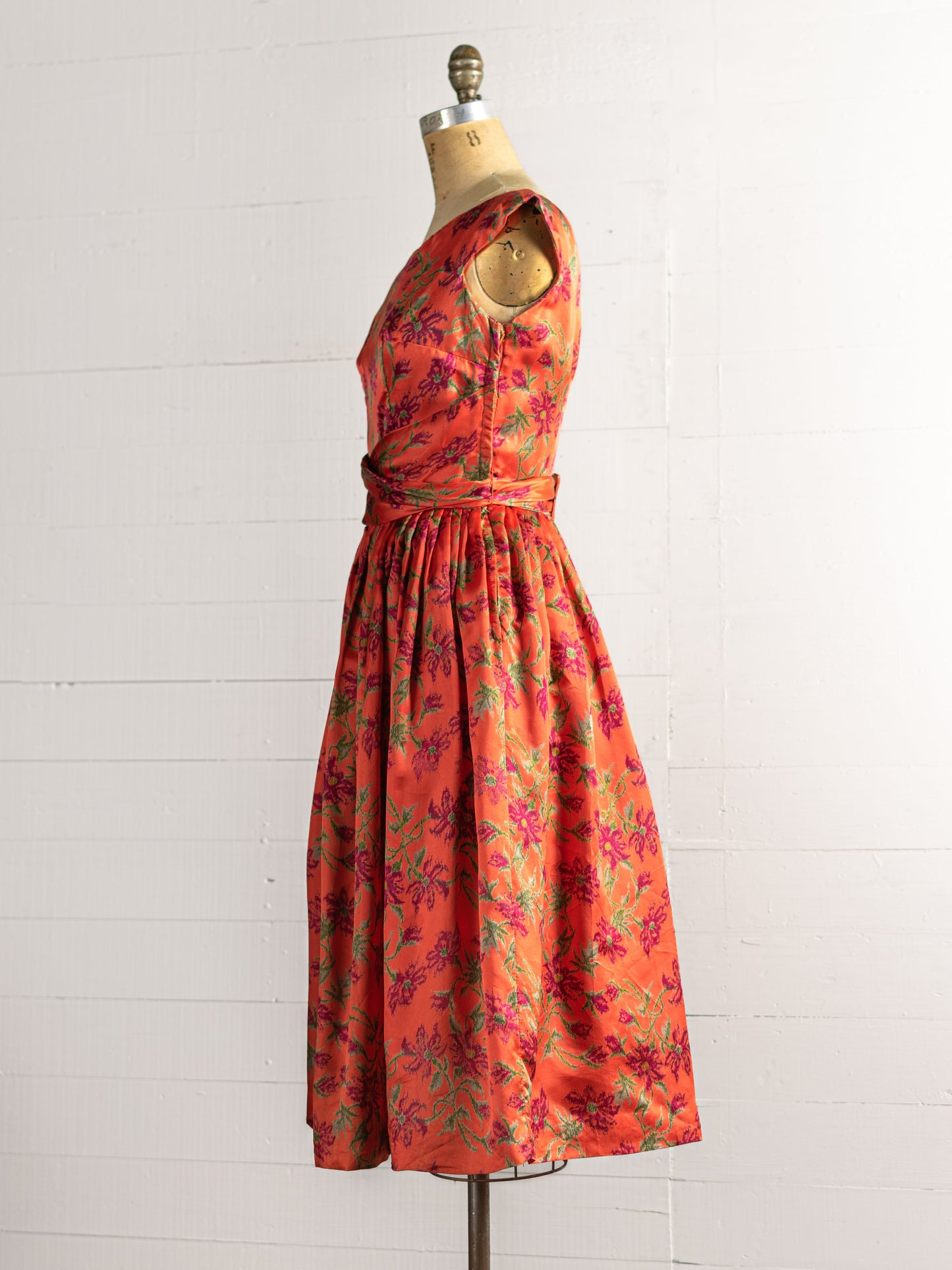 1950s Silk Charmeuse Floral Orange & Purple Dress - Size XS - Second Sight Vintage