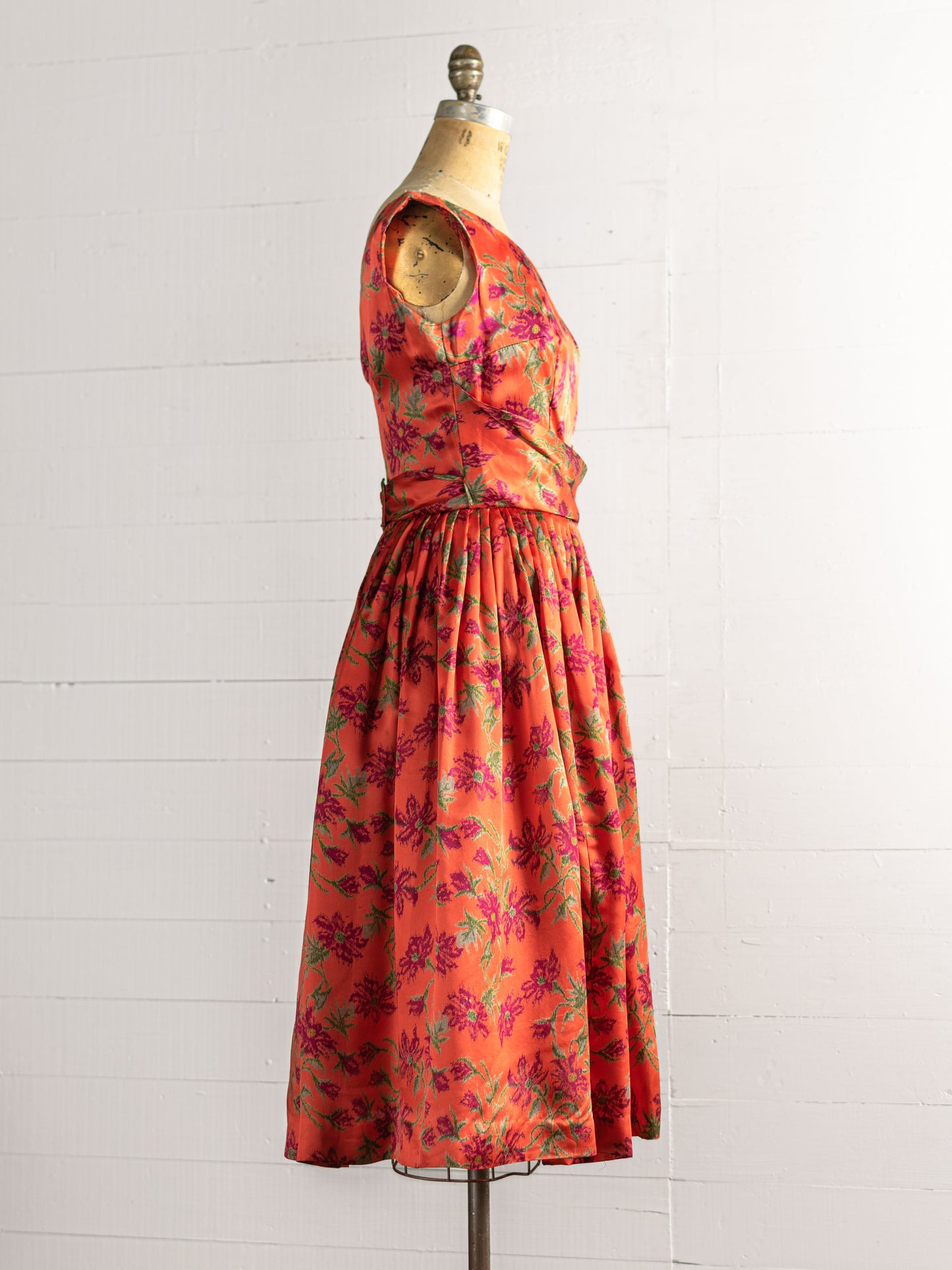 1950s Silk Charmeuse Floral Orange & Purple Dress - Size XS - Second Sight Vintage