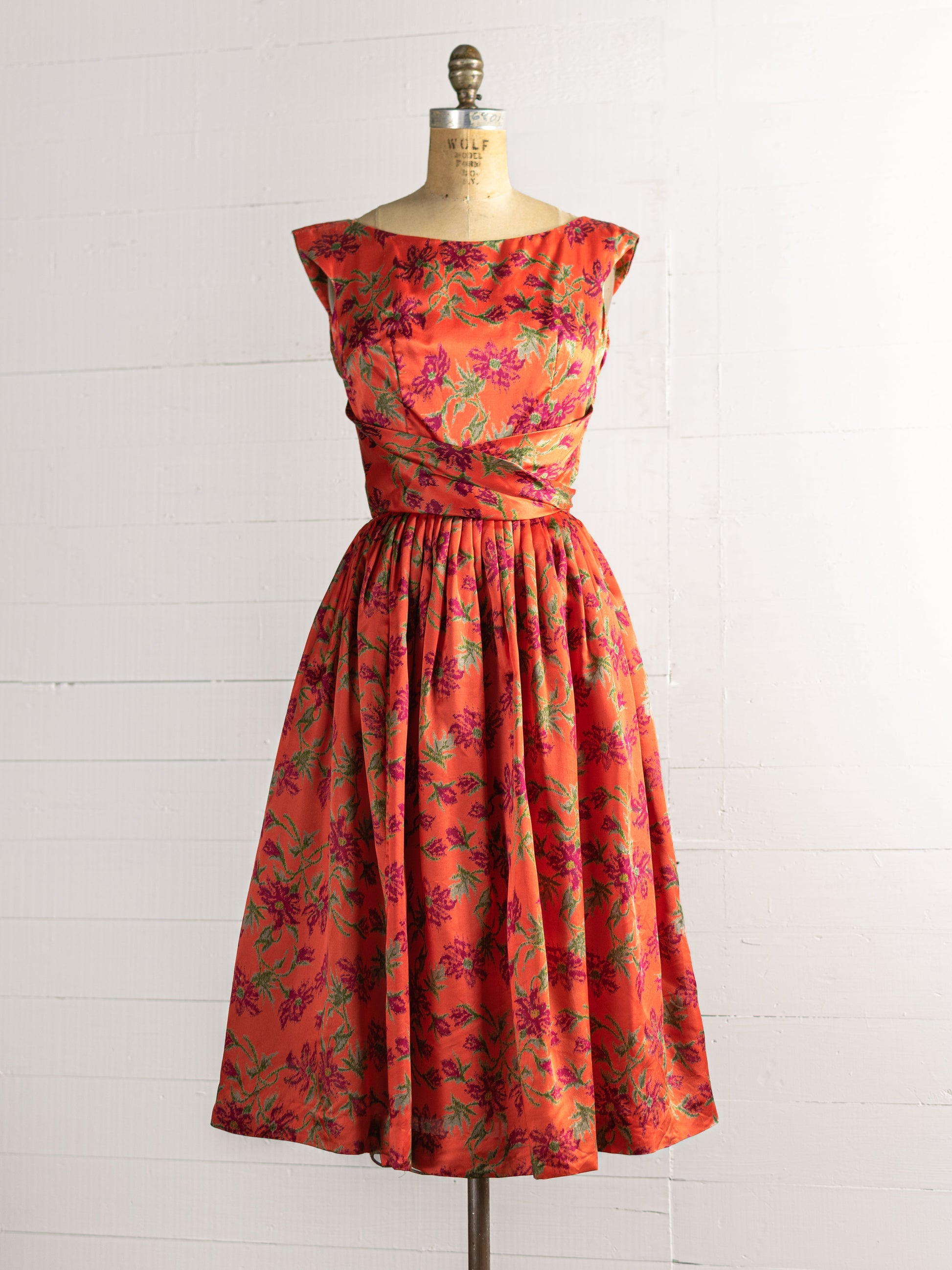 1950s Silk Charmeuse Floral Orange & Purple Dress - Size XS - Second Sight Vintage