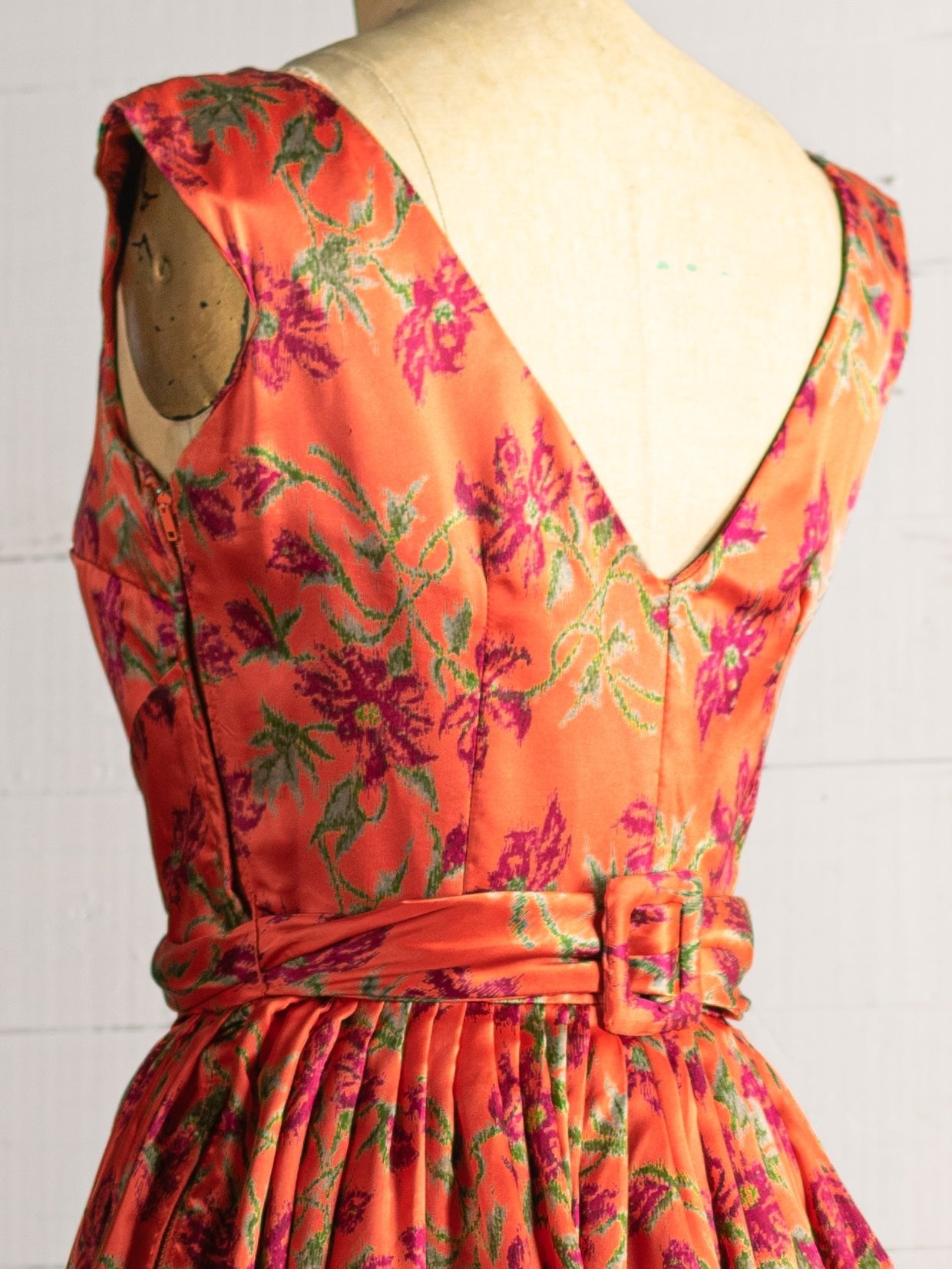 1950s Silk Charmeuse Floral Orange & Purple Dress - Size XS - Second Sight Vintage