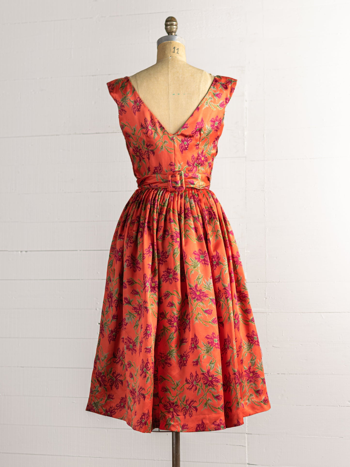 1950s Silk Charmeuse Floral Orange & Purple Dress - Size XS - Second Sight Vintage