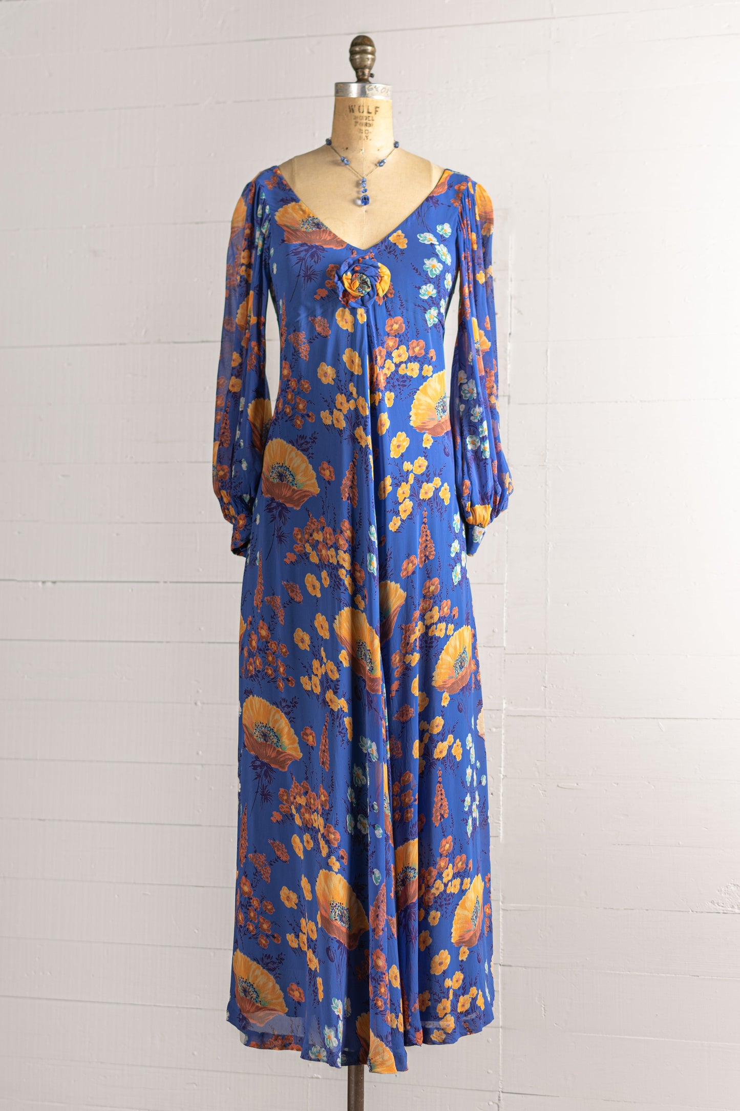 1970s Blue & Orange Poppy Print Chiffon Gown - Size XS S - Second Sight Vintage