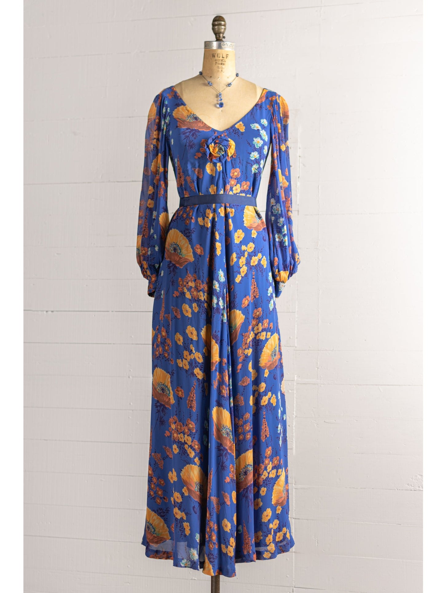 1970s Blue & Orange Poppy Print Chiffon Gown - Size XS S - Second Sight Vintage