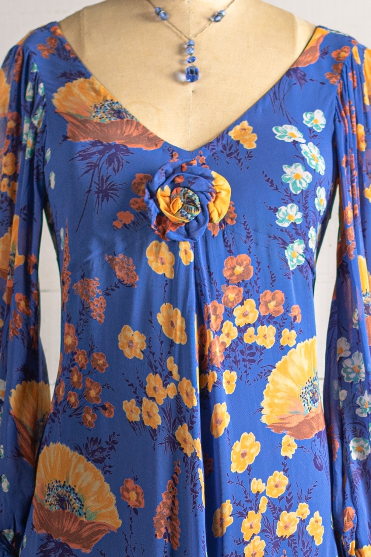 1970s Blue & Orange Poppy Print Chiffon Gown - Size XS S - Second Sight Vintage