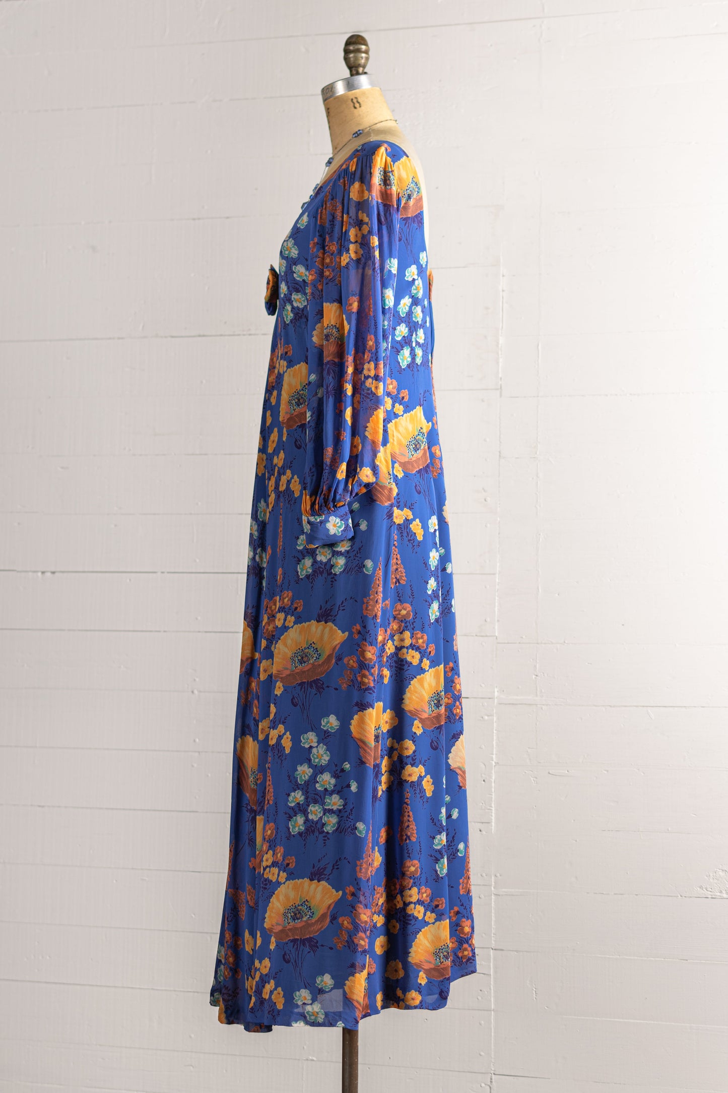 1970s Blue & Orange Poppy Print Chiffon Gown - Size XS S - Second Sight Vintage