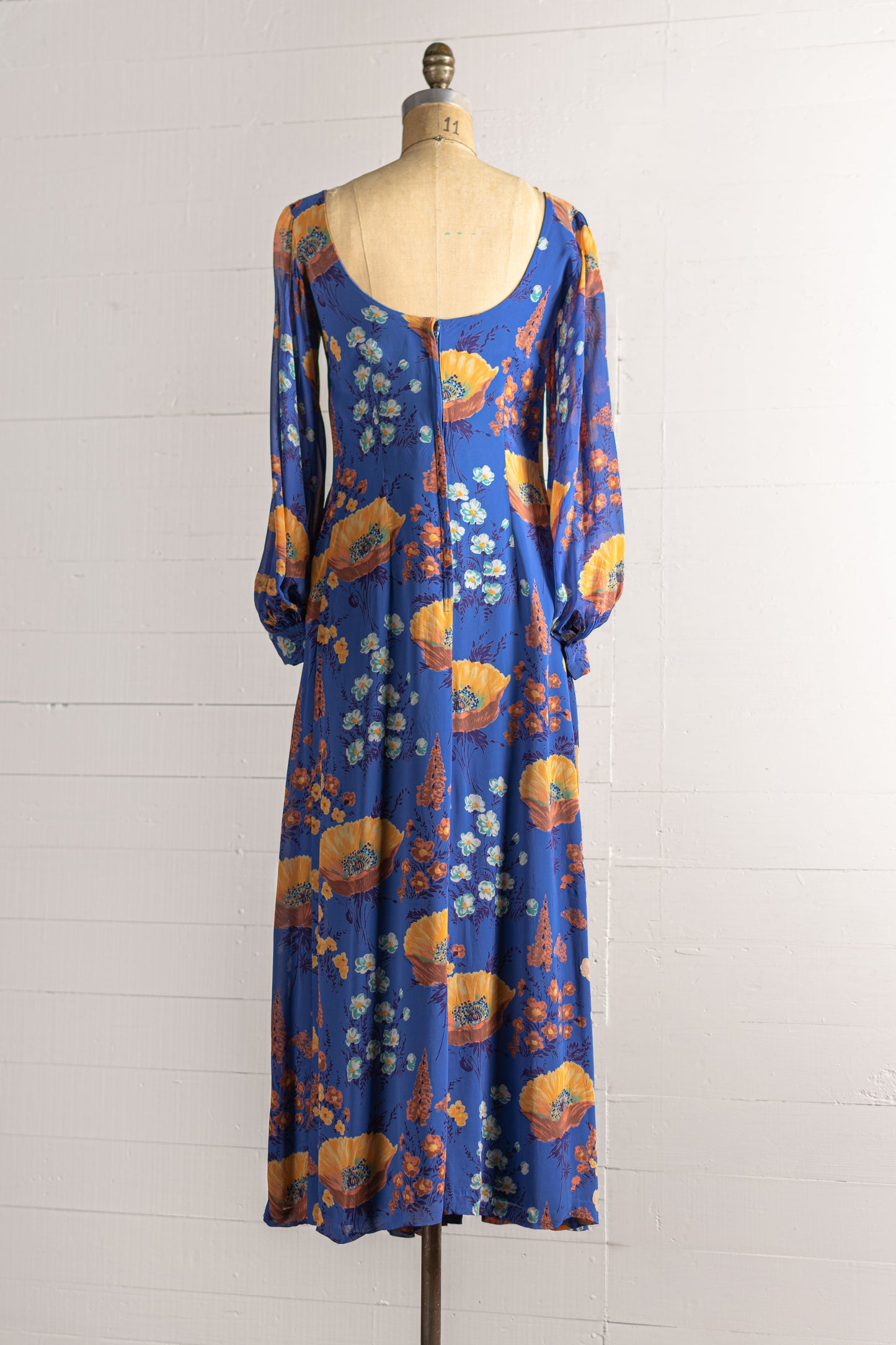 1970s Blue & Orange Poppy Print Chiffon Gown - Size XS S - Second Sight Vintage