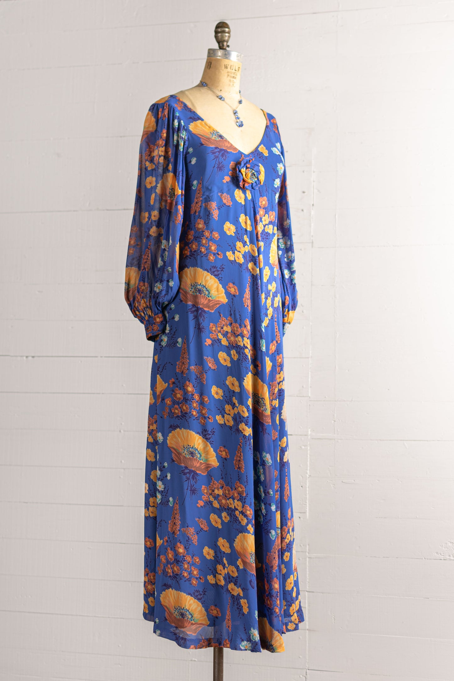 1970s Blue & Orange Poppy Print Chiffon Gown - Size XS S - Second Sight Vintage