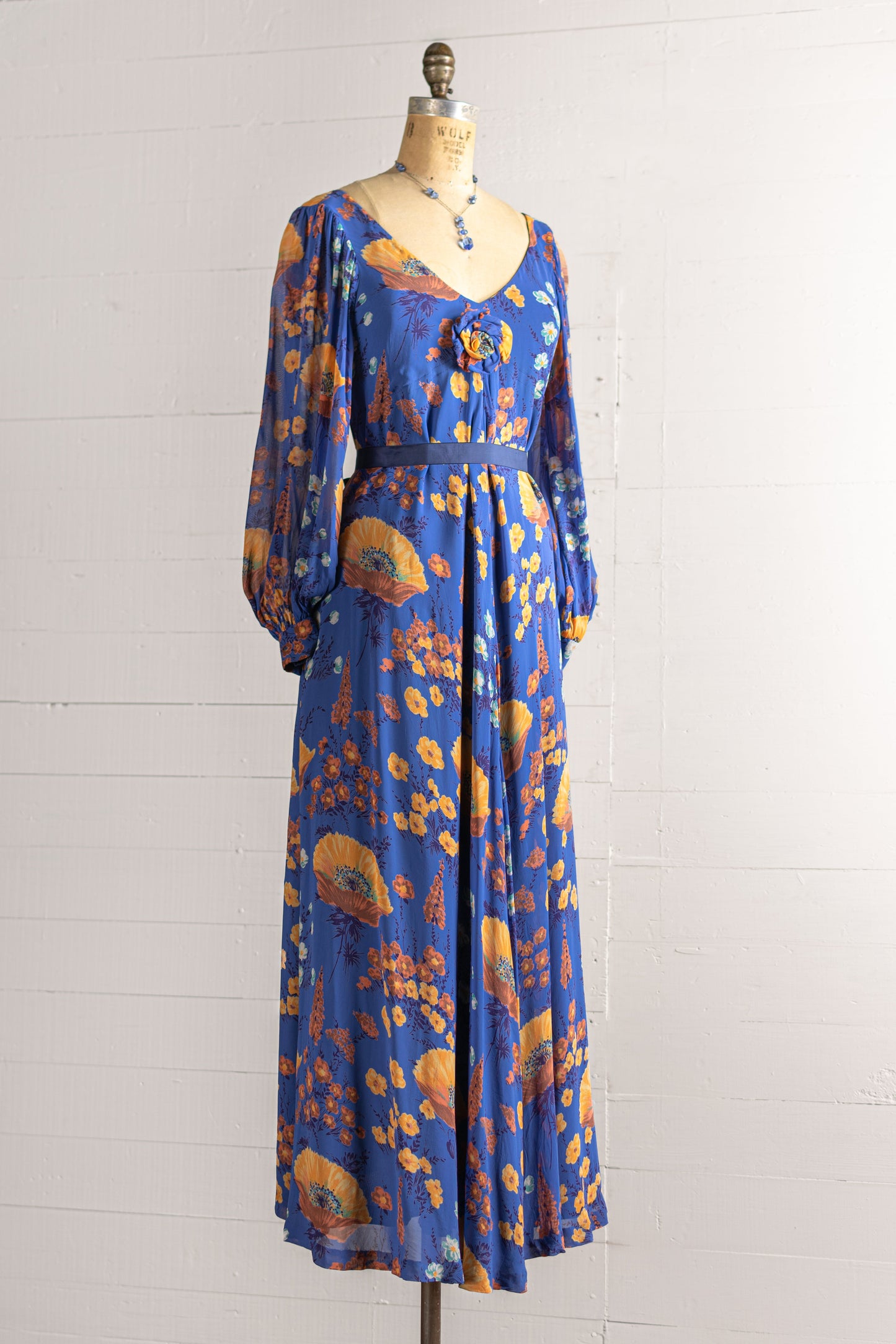 1970s Blue & Orange Poppy Print Chiffon Gown - Size XS S - Second Sight Vintage