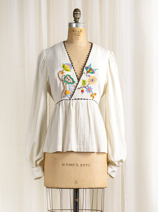 1970's Colorful Hand Embroidered Cotton Blouse - Second Sight Vintage