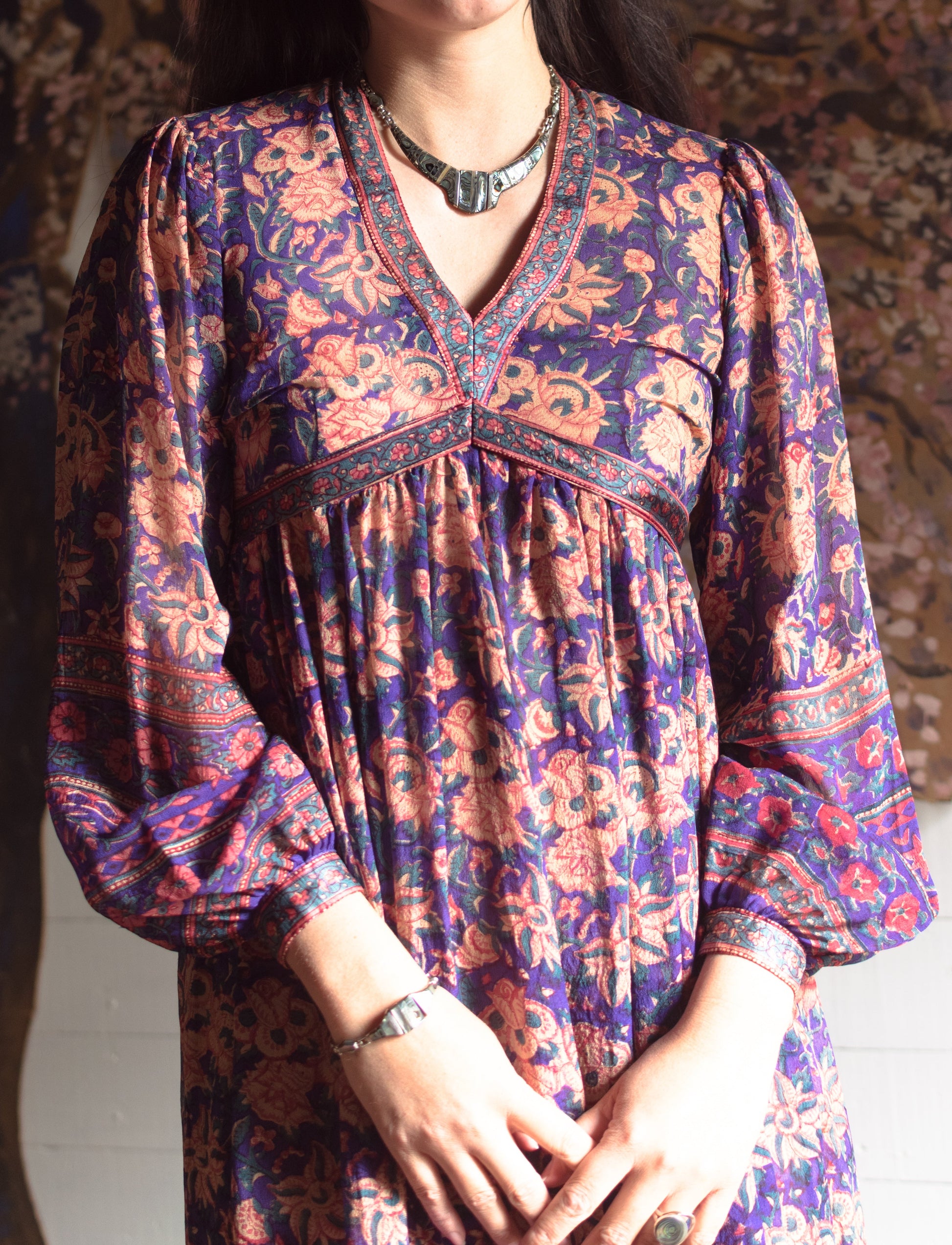 fitted lace wedding dress Vintage 1970s Ritu Kumar Judith Ann Indian Block Print Purple Silk Dress