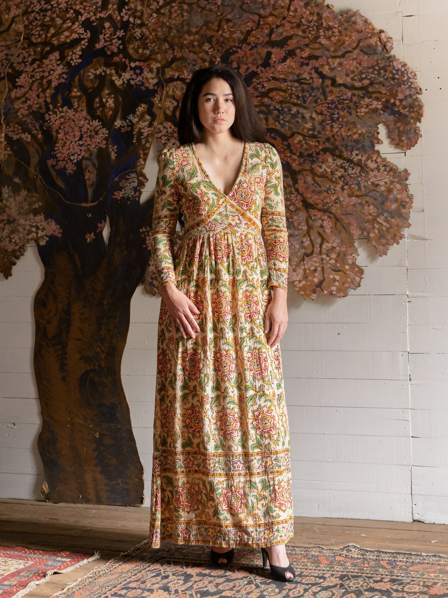 1970s Indian Block Printed Cotton Gown - Size S - Second Sight Vintage