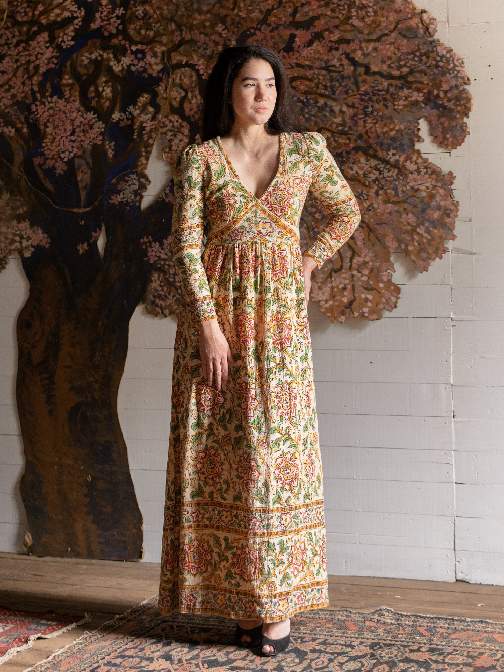 1970s Indian Block Printed Cotton Gown - Size S - Second Sight Vintage