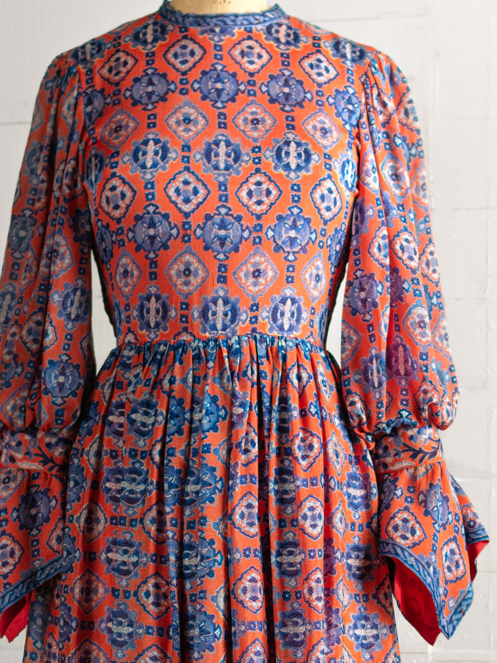 1970s Orange & Blue Silk Indian Block Print Dress - Size XS - Second Sight Vintage