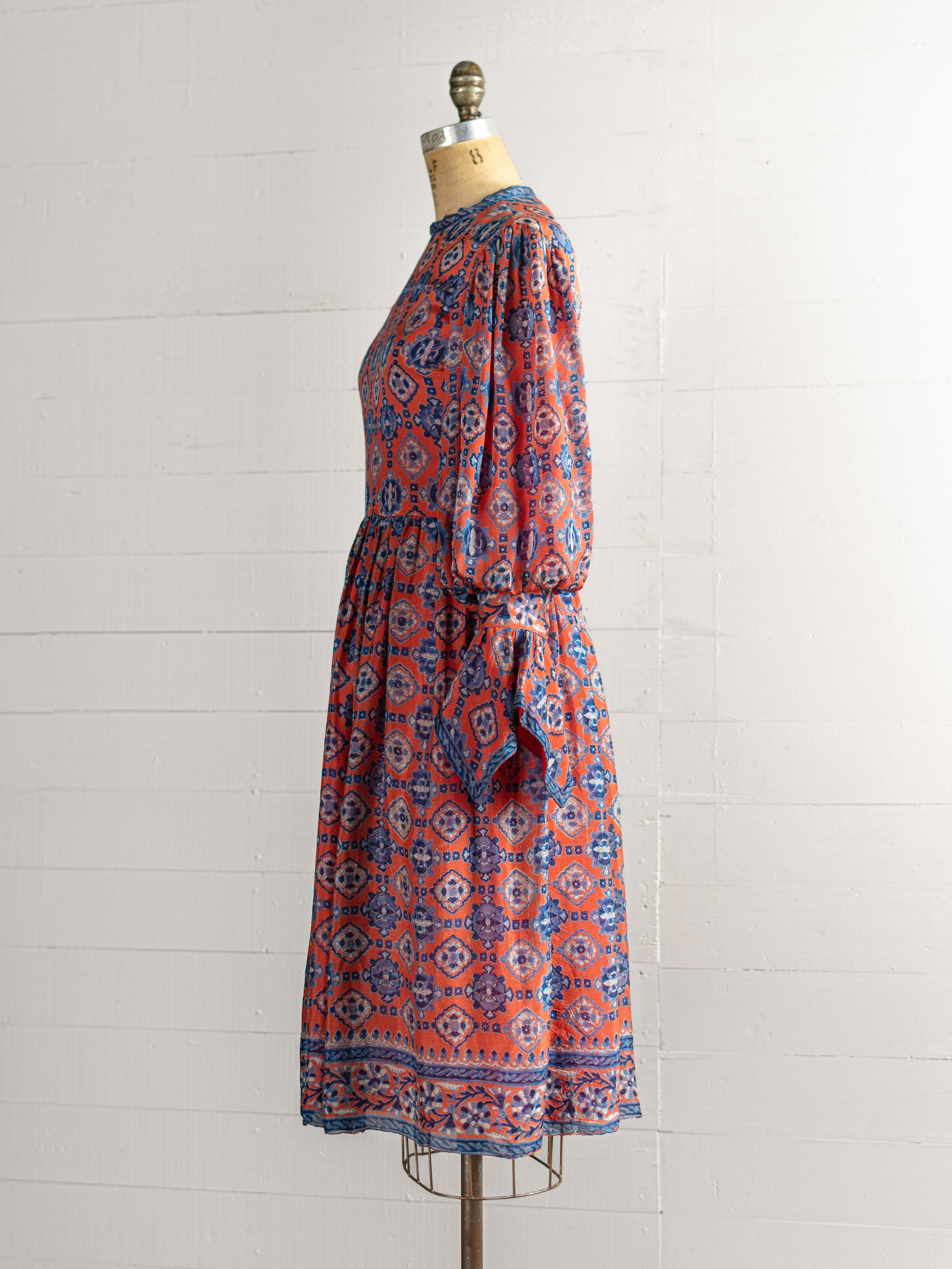 1970s Orange & Blue Silk Indian Block Print Dress - Size XS - Second Sight Vintage