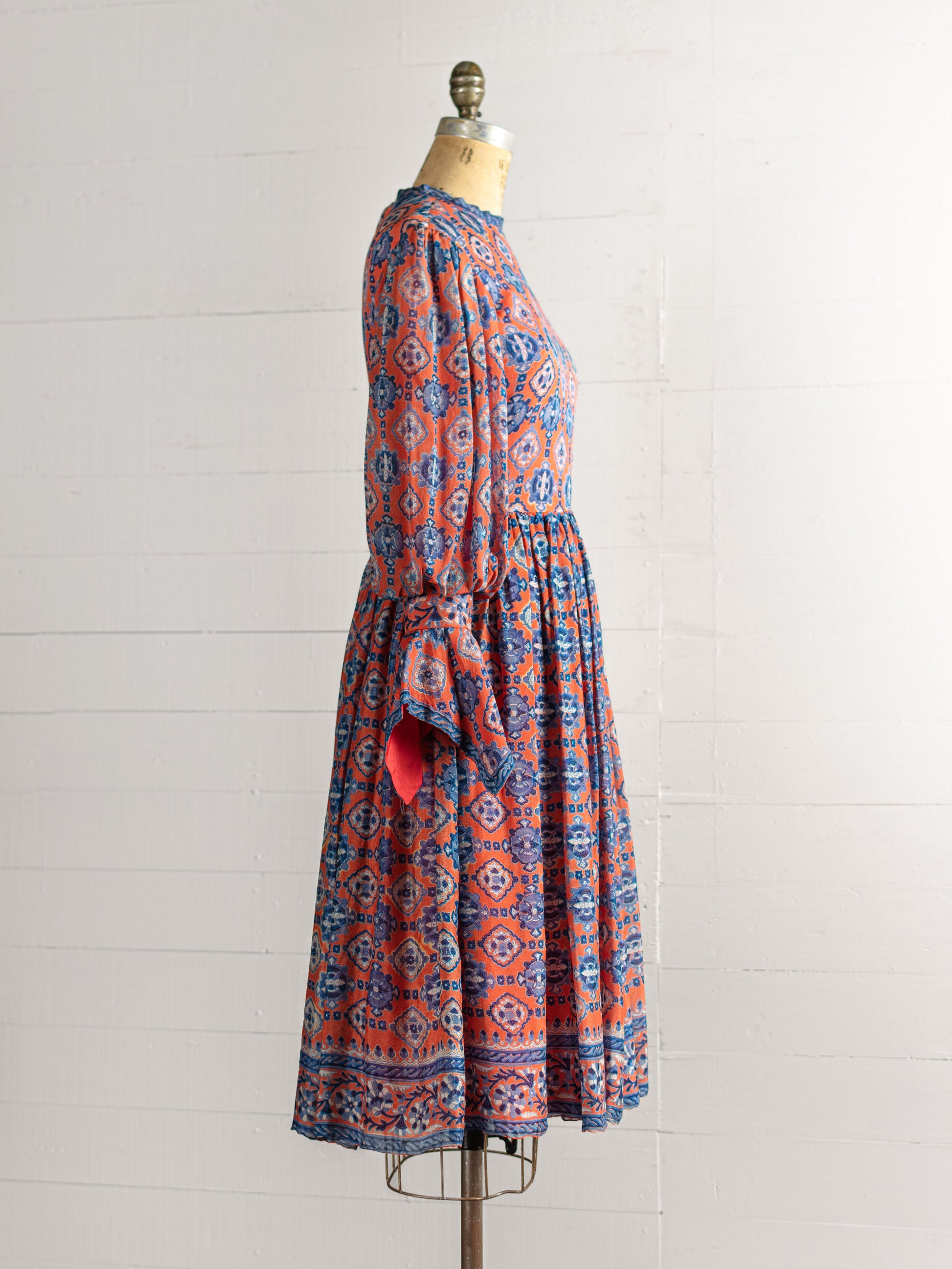 1970s Orange & Blue Silk Indian Block Print Dress - Size XS - Second Sight Vintage