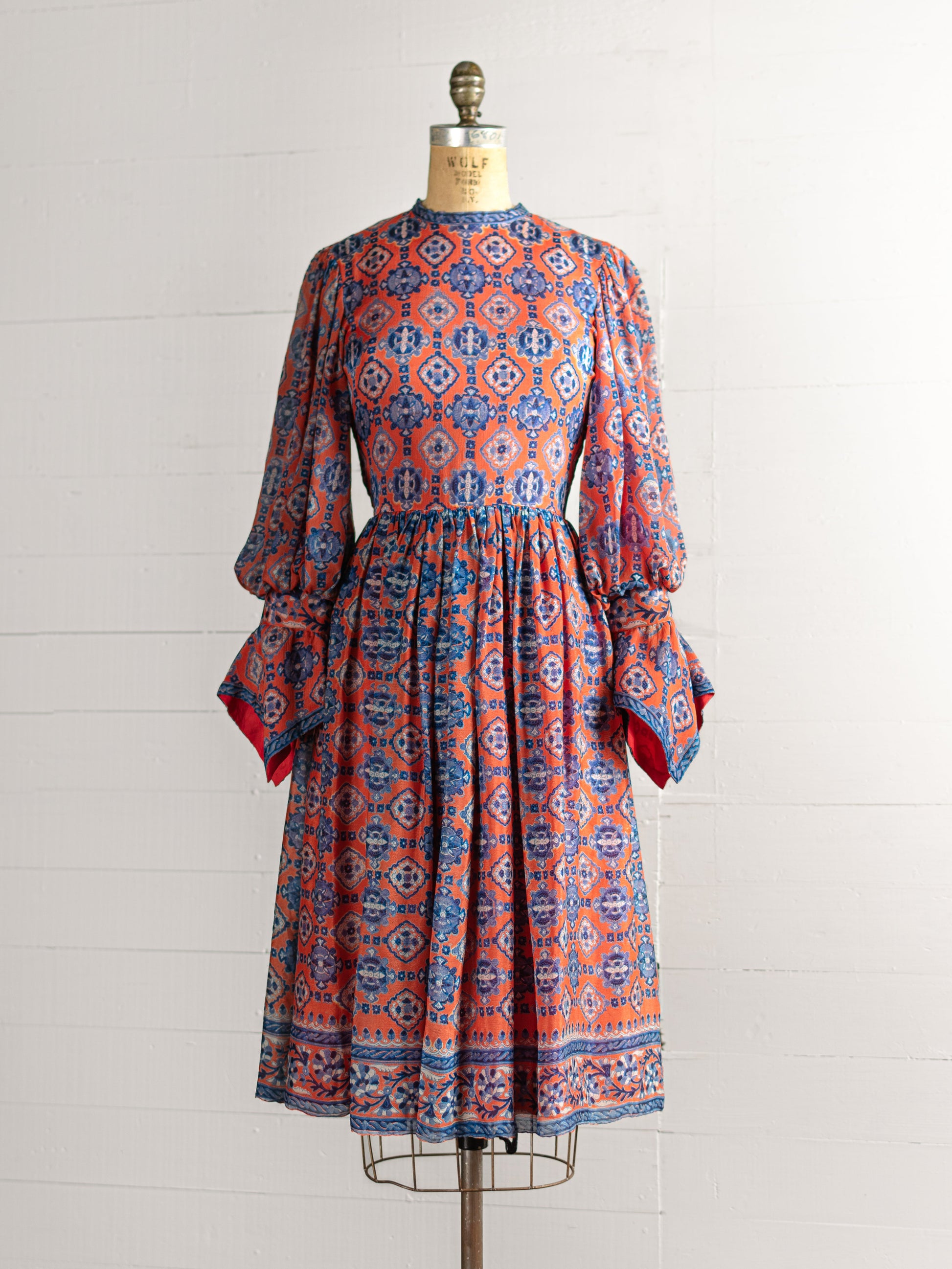 1970s Orange & Blue Silk Indian Block Print Dress - Size XS - Second Sight Vintage