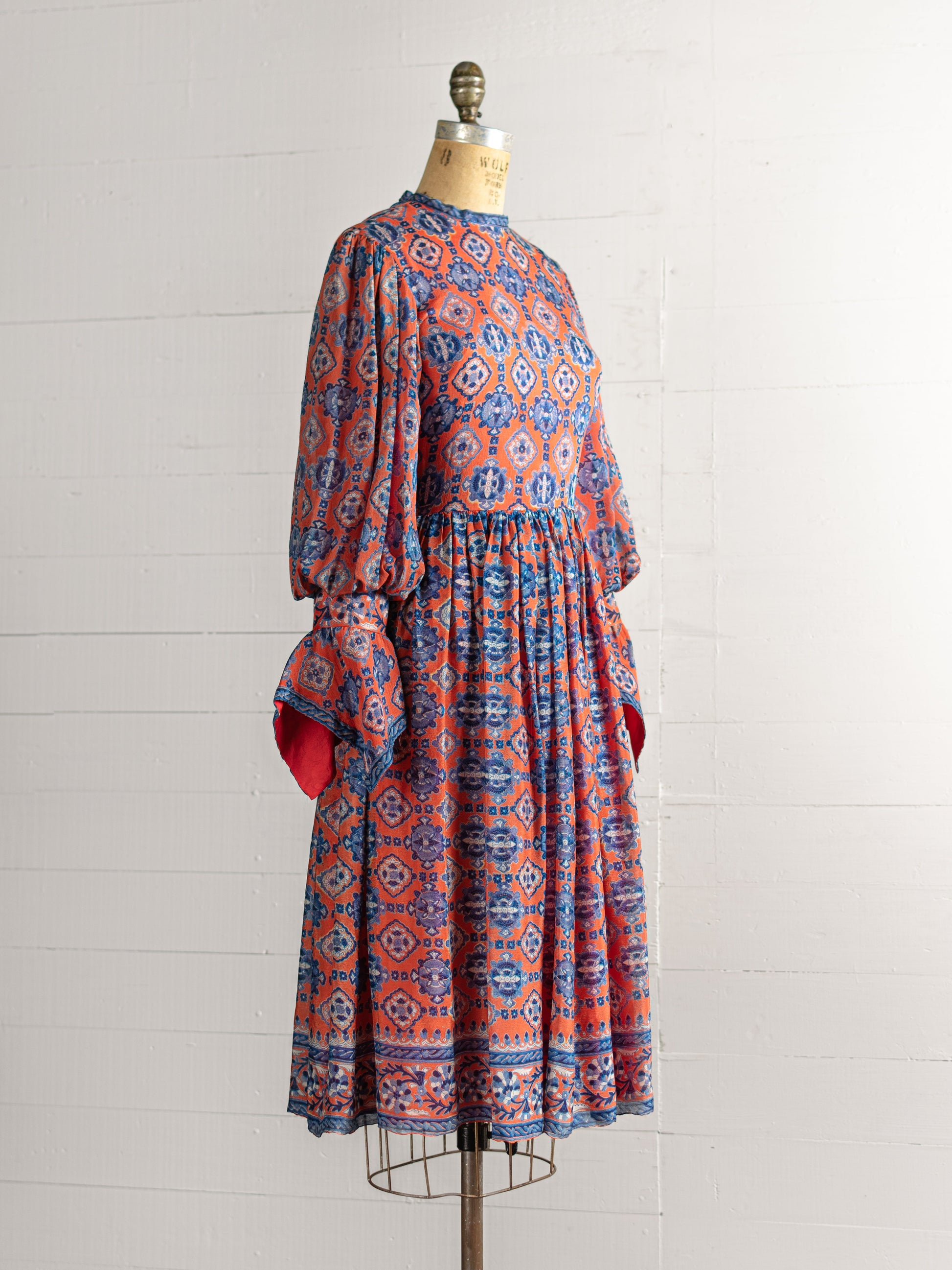 1970s Orange & Blue Silk Indian Block Print Dress - Size XS - Second Sight Vintage