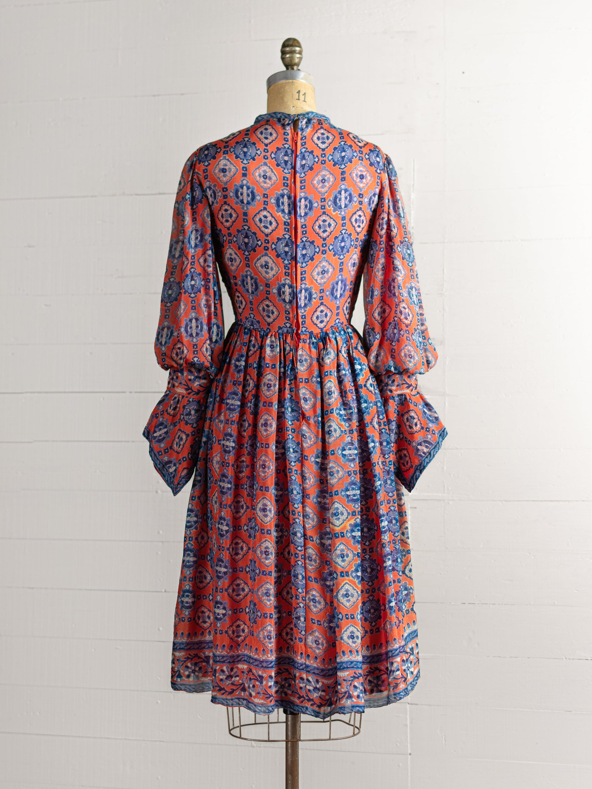 1970s Orange & Blue Silk Indian Block Print Dress - Size XS - Second Sight Vintage