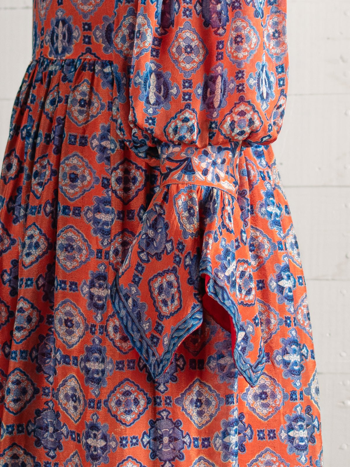 1970s Orange & Blue Silk Indian Block Print Dress - Size XS - Second Sight Vintage